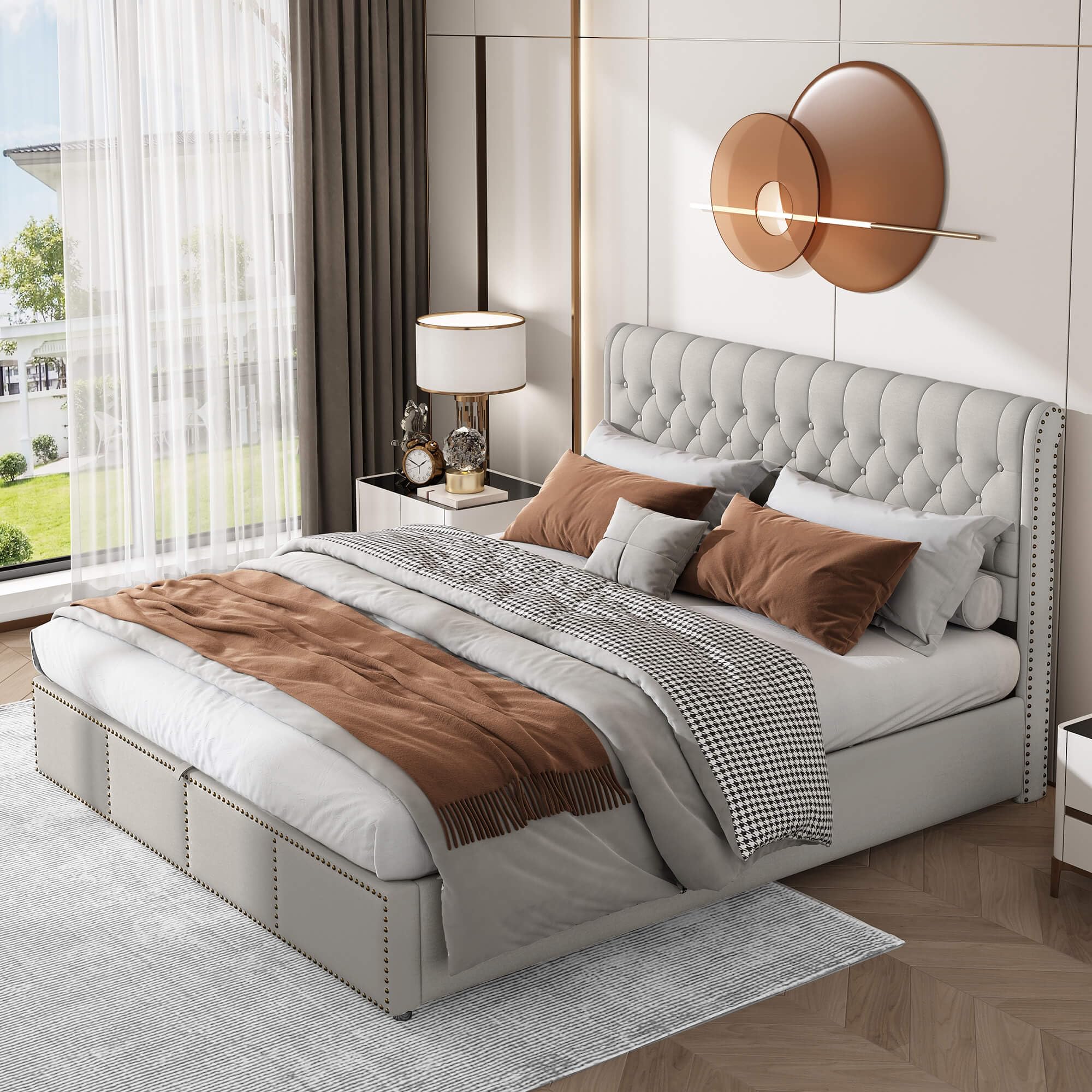 NQSLDM Gestoffeerd bed, 180 x 200 cm, hydraulisch opbergbed met bedlade en gevoerd hoofdeinde, bedframe met opbergruimte en lattenbodem, bed voor slaapkamer, fluweel, zonder matras, beige NQSLDM Gestoffeerd bed, 180 x 200 cm, hydraulisch opbergbed met bedlade en gevoerd hoofdeinde, bedframe met opbergruimte en lattenbodem, bed voor slaapkamer, fluweel, zonder matras, beige