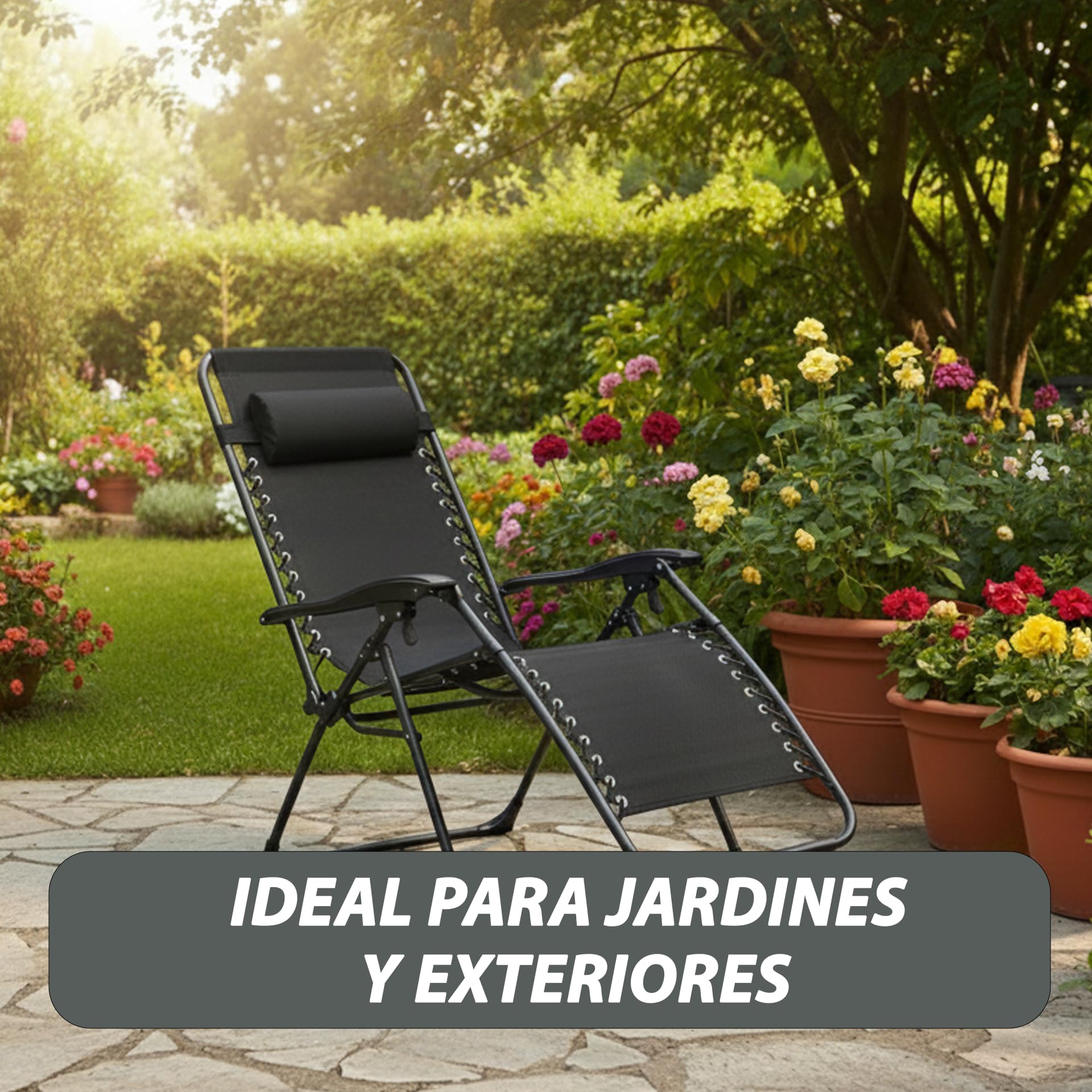 Pack 2 Tumbonas Jardin Exterior - Tumbona Plegable con Portavasos y Reposacabezas, Reclinable Sillas Jardin Exterior para Jardin, Playa, Piscina y Terraza, Negro