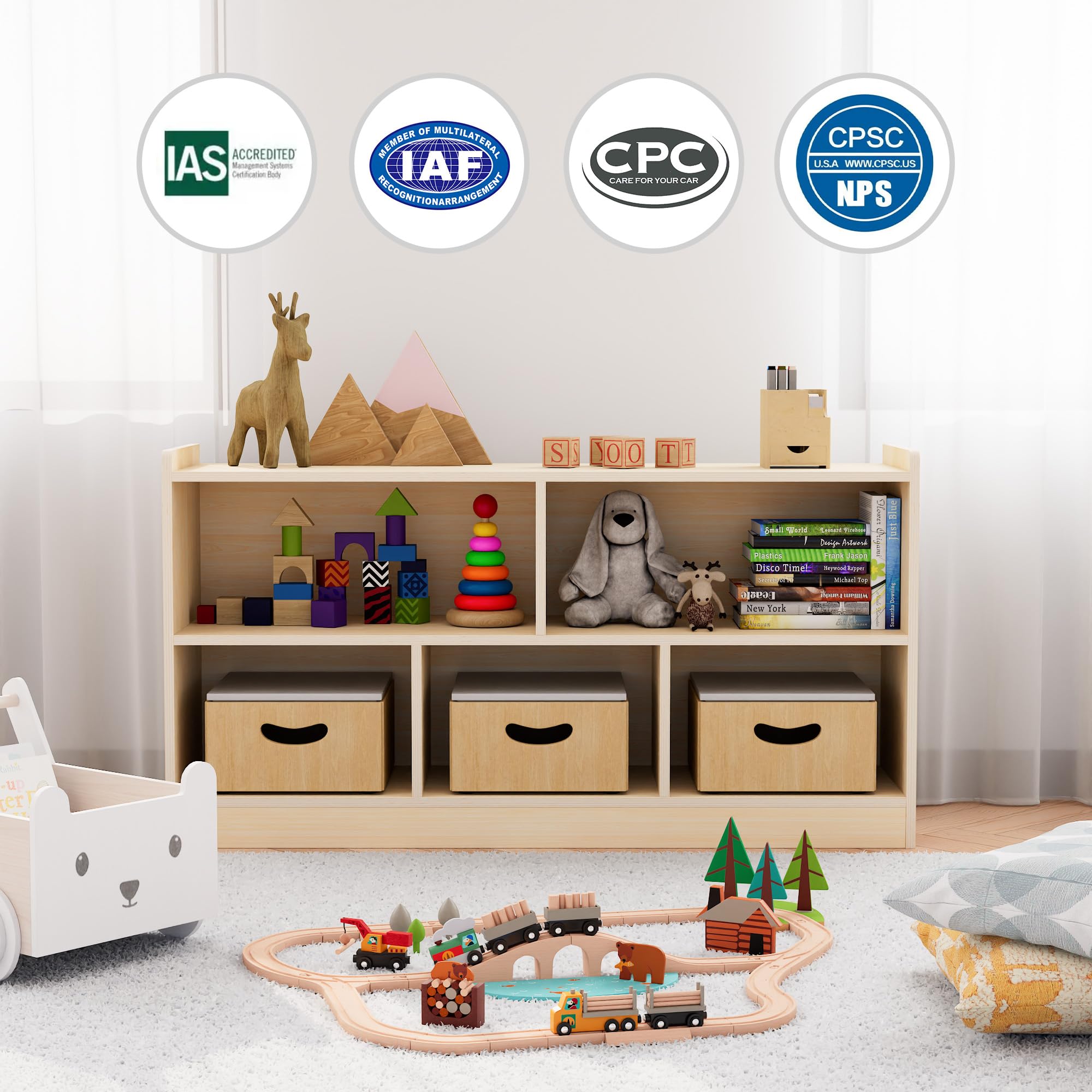 Puecrof Montessori - Estantería de madera contrachapada de abedul, 5 compartimentos con 2 estantes, organizador para habitación de niños, aulas, guarderías y preescolares