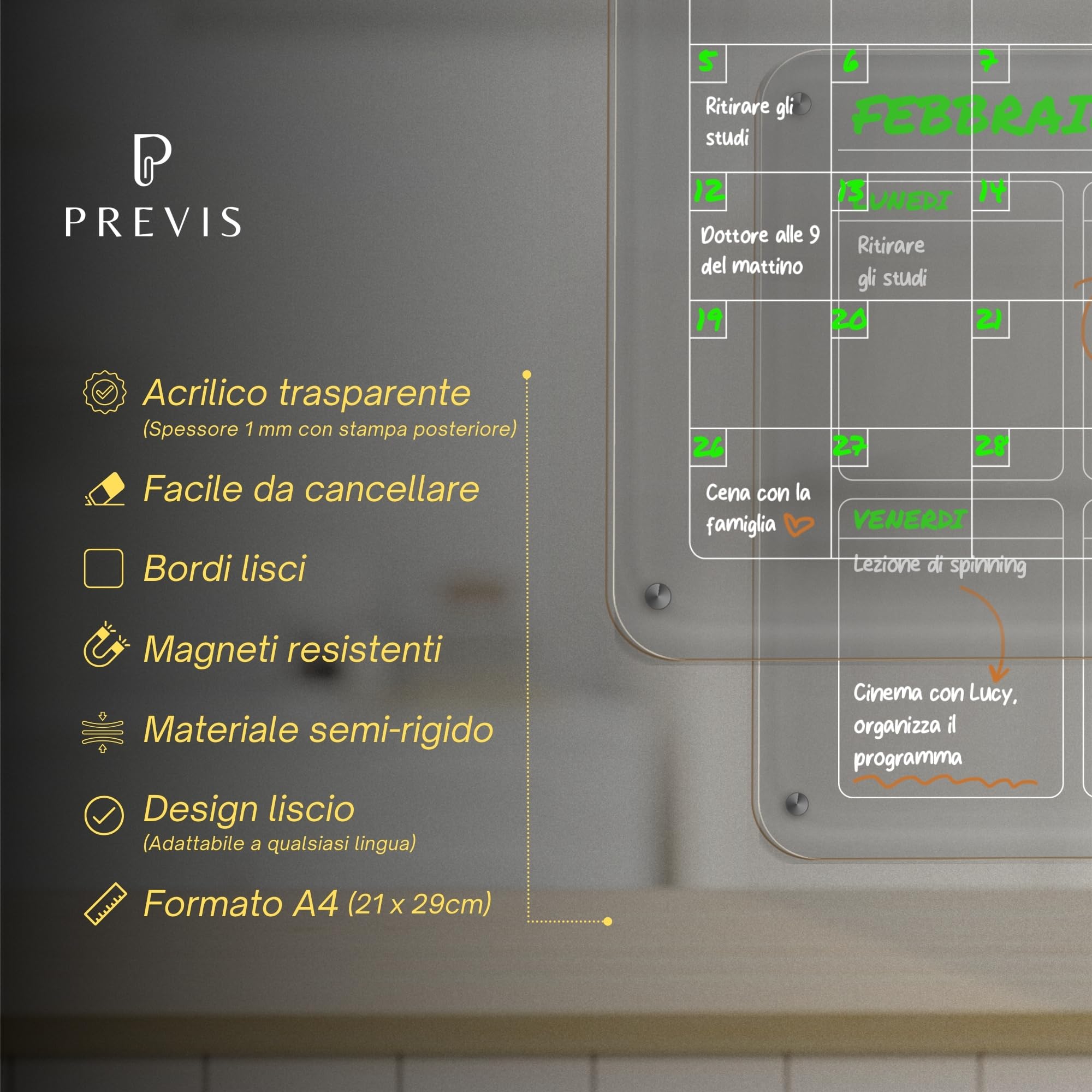 Previs Brand Kit di 2x Lavagna Magnetica Frigo Trasparente (Settimanale + Mensile) A4 (21x29,7cm) con 4 Pennarelli Premium - 2x Calendario Acrilico Trasparente Frigo