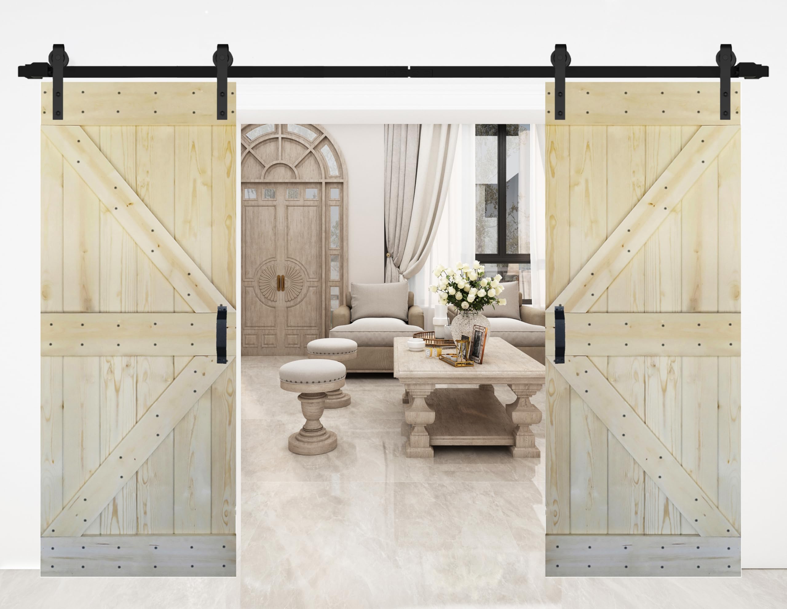K Series 72in x 84in (36in x 84in x 2 Panels) Unfinished Solid Wood Sliding Barn Door with Hardware Track - Assembly Needed