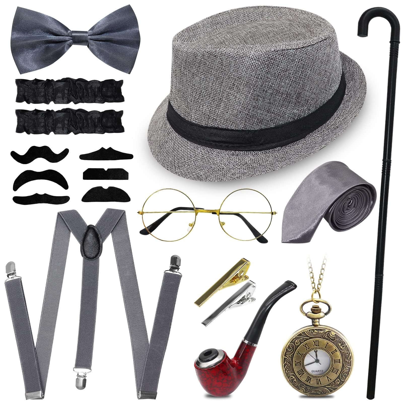 Grantop 11PCS Gatsby Costume Accessories Set,Roaring Retro Gangster Costume Vintage 1920s Men Costume Accessories Hat, Glasses, Tie Clip, Tie, Bow, Sleeve, Beard, Pipe, Pocket watch, Cane, Suspender