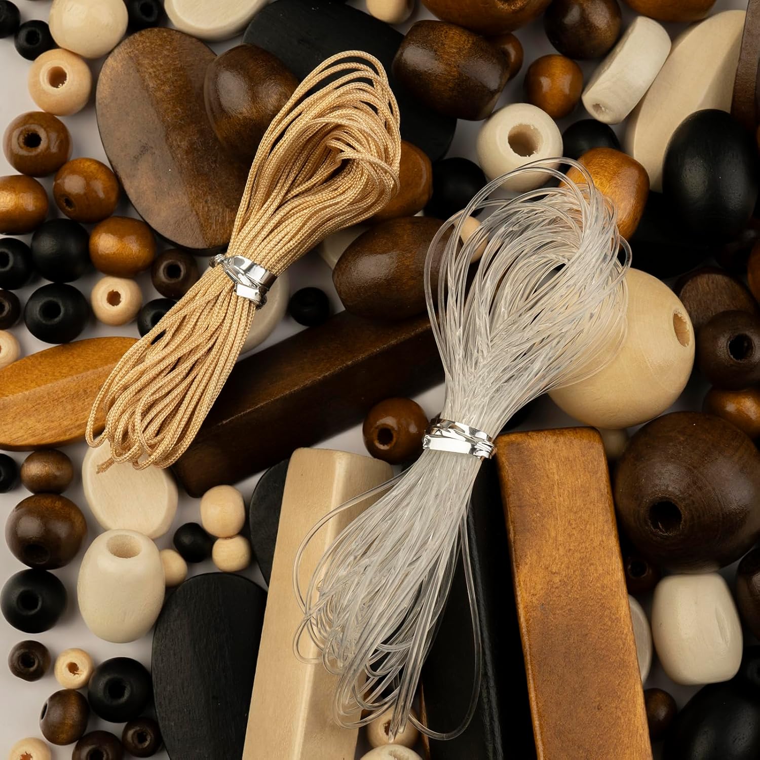 John Bead 90g Craft Beads Natural/Black/Brown/Dark Brown Wood Beads with Elastic Nylon Cord - Image 3