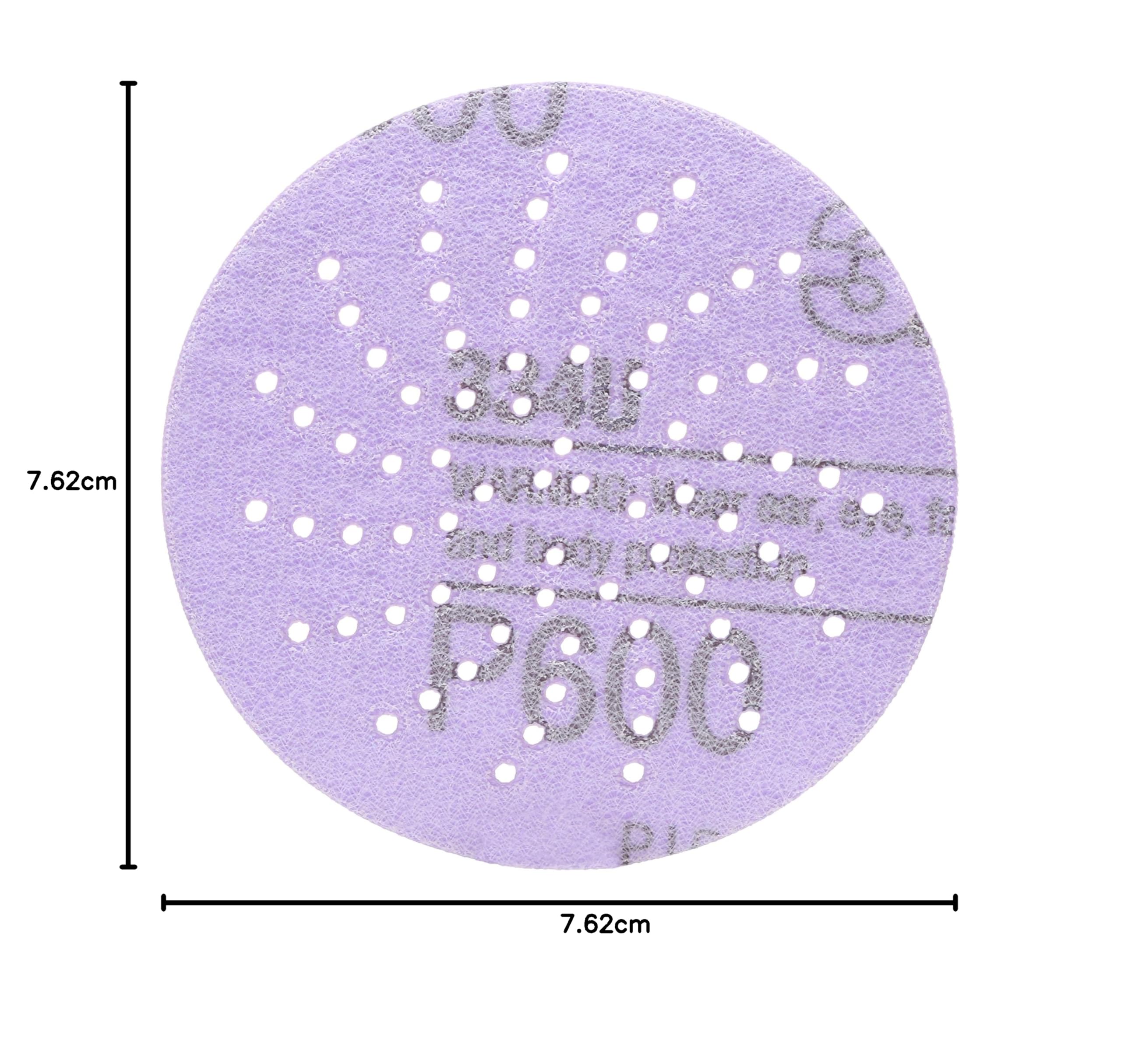 3M Cubitron II Hookit Purple Clean 31466 Lot de 50 disques abrasifs de 7,6 cm, qualité 600+, pratiquement sans poussière, haute performance, durable, motif multi-trous, pour ponçage automobile