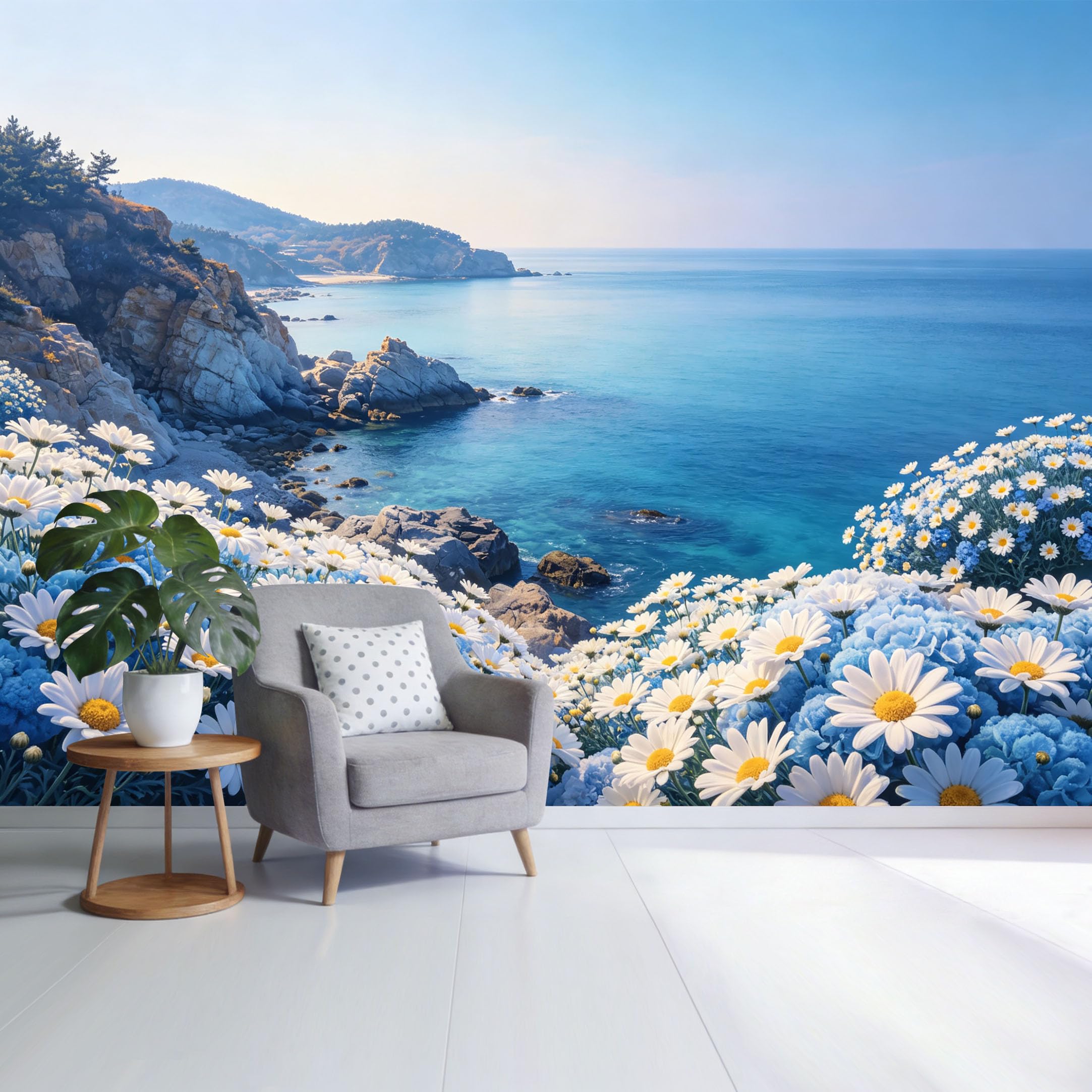 Custom Size Wall Mural Coastal Ocean View Daisy Cliff Landscape Blue Sea Floral Scene SelfAdhesive Wall Fabric Removable Wallpaper for Home Office Decor