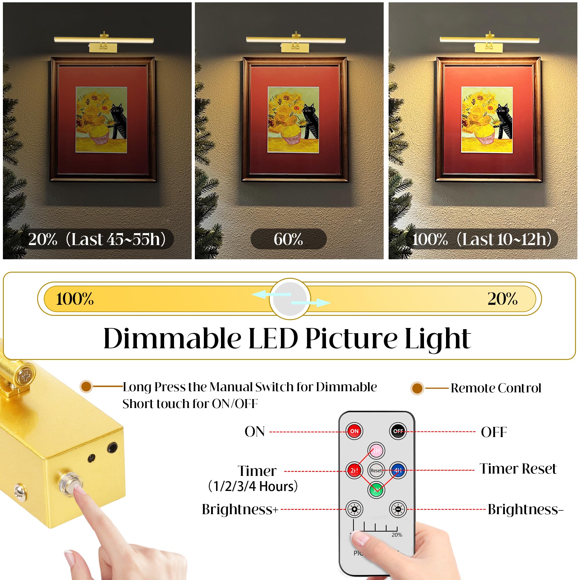 PIZHLO Battery Picture Lights, 5200mAh Rechargeable Picture Lights with Remote Timer & Dimmable, CRI95+ 15.8" Adjustable Art Light for Paintings Display, Frame, Gallery, Wall Art Accent Light, Gold