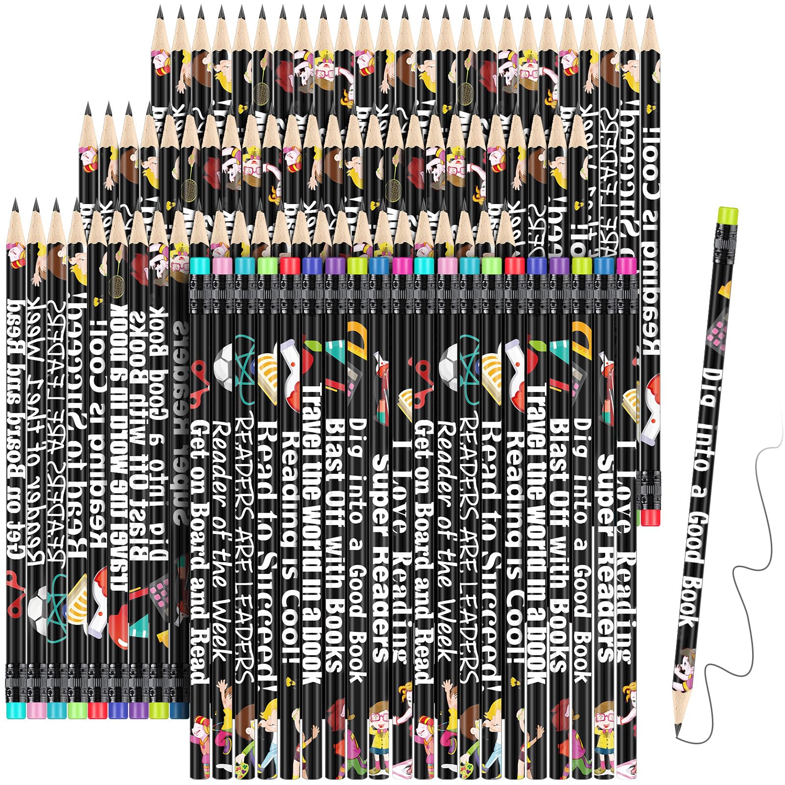 Tenare 150 Pcs Reading Motivational Pencils Bulk Fun Pencils Reading Wooden with Eraser Inspirational School Pencil Assorted Readings Black History