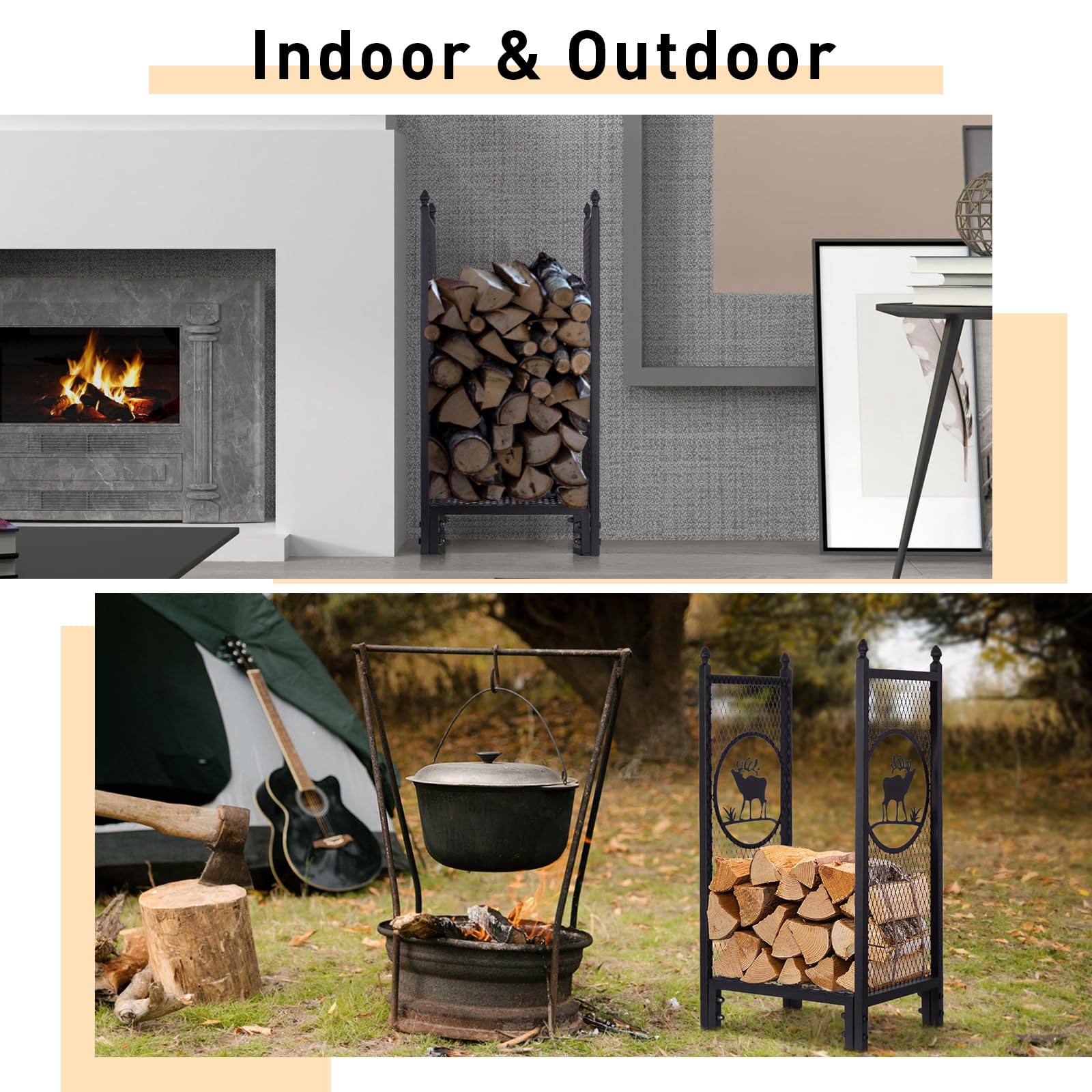 Todeco Soporte de Madera 40x30x80 cm, Estante de Registro de Chimenea, Soporte de Almacenamiento de Madera para Interiores y Exterior