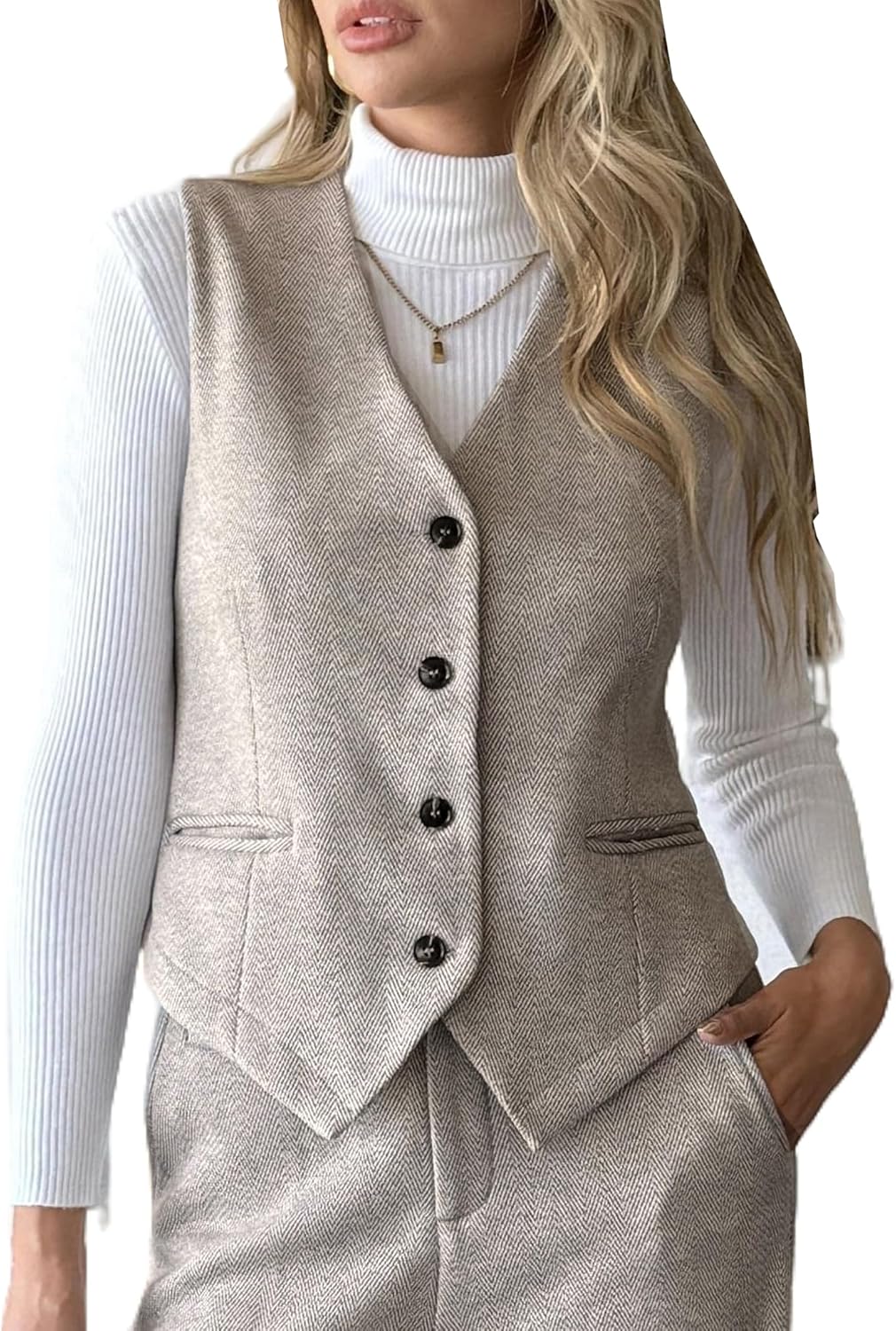 heipeiwa Women's Wool Blend Suit Vest Top Vintage Tweed Vest Button Down Sleeveless V Neck Waistcoat Blazer