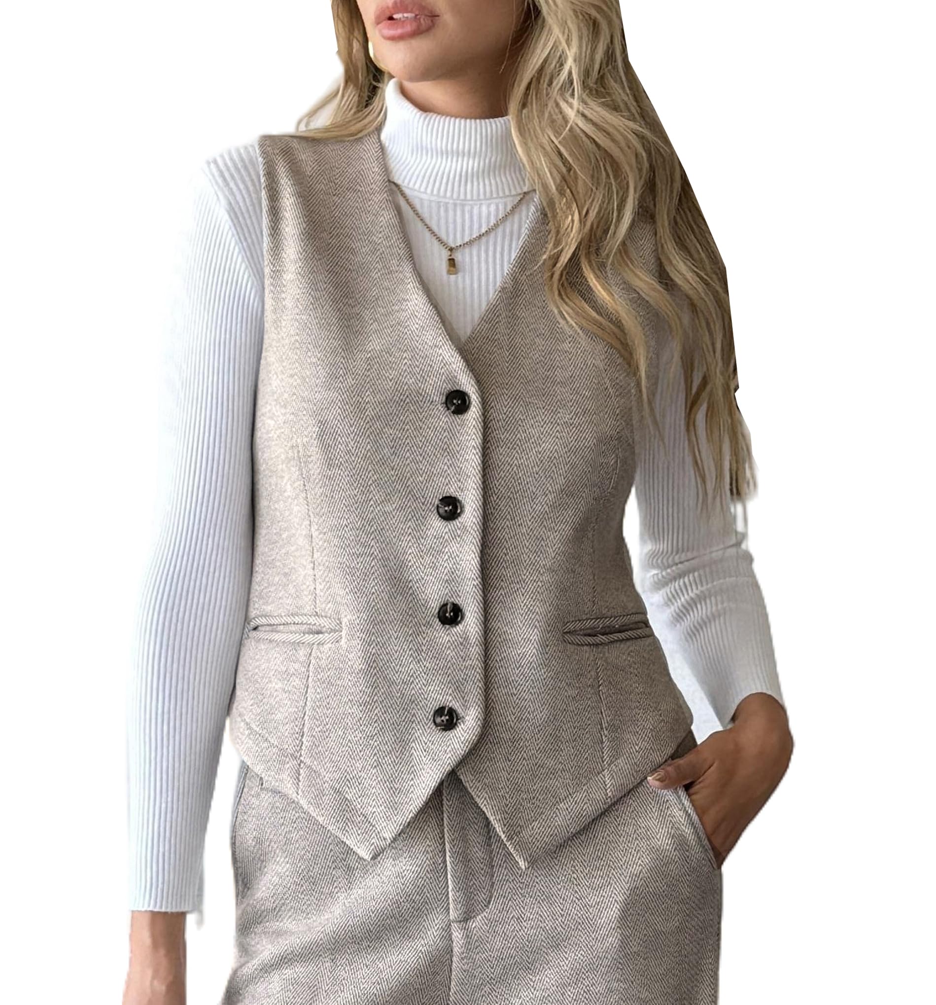 heipeiwa Womens Wool Blend Suit Vest Top Vintage Tweed Vest Button Down Sleeveless V Neck Waistcoat Blazer