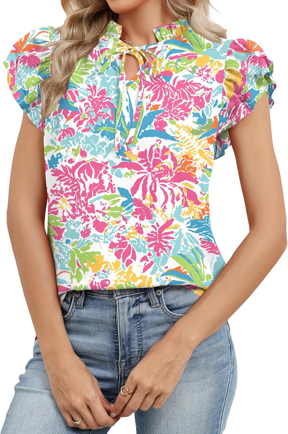 LOMON Floral Summer Tops 2026 Trendy V Neck Ruffle Cap Short Sleeve Drawstring Work Shirts Cute Flowy Boho Chiffon Blouses