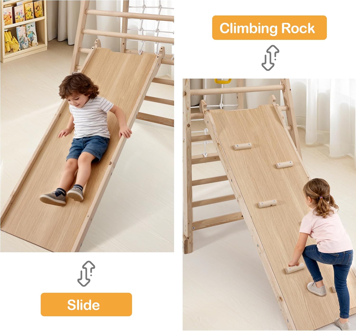 Indoor Jungle Gym, Wooden Indoor Playground, (7 in 1) Toddler Climbing Toys, Gym with Slide, Climbing Net, Swing, Gymnastics Ring