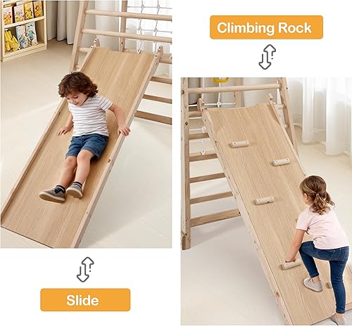 Miniatura 5 de Jungle Gym - Zona de juegos interior de madera para interiores, (7 en 1) juguetes de escalada de madera para niños, gimnasio con tobogán, red de