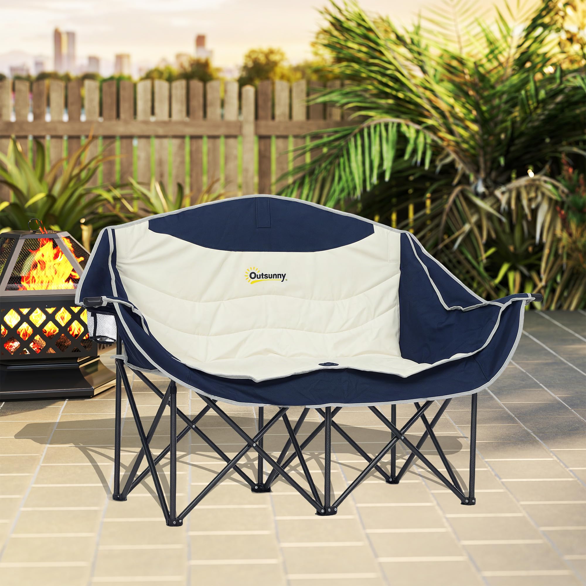 Outsunny Chaise Camping Double avec Porte-gobelet Sac 551 LB Bleu Marine | Porte-gobelet, porte-verre à vin, sac de transport, causeuse pliante, randonnée, pique-nique, plage