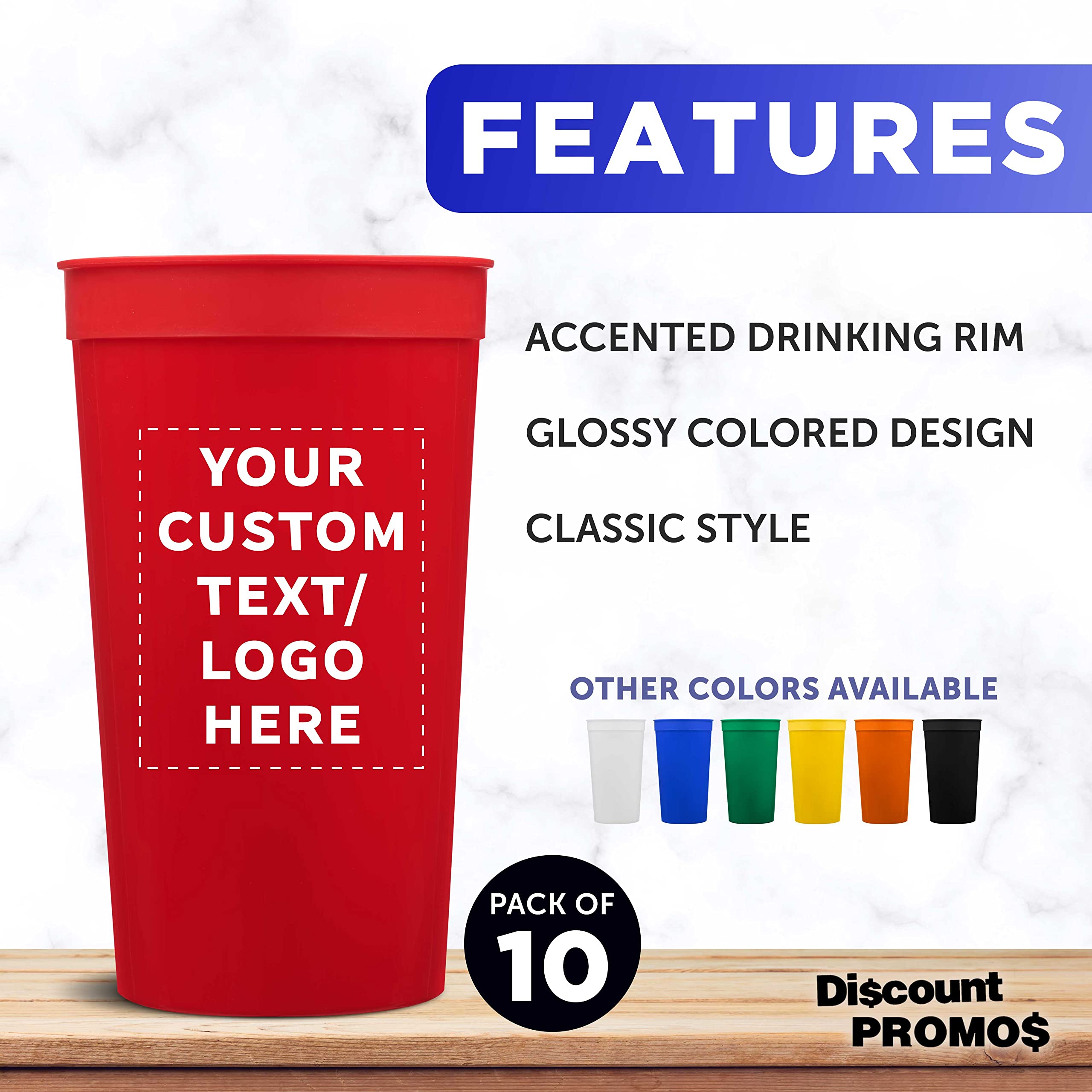 Custom Plastic Stadium Cups 32 oz. Set of 10, Personalized Bulk Pack - Perfect for Summer, Sporting Events, Birthdays, Picnic, Beach, Parties - Red