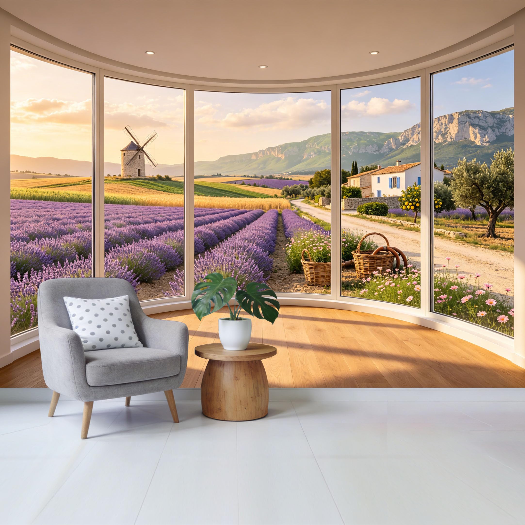 Removable Self Adhesive Fabric Mural， Provence Lavender Field Windmill Custom Size Wall Covering， UV Protected Waterproof Washable Wall Decor for Living Room Bedroom Bathroom