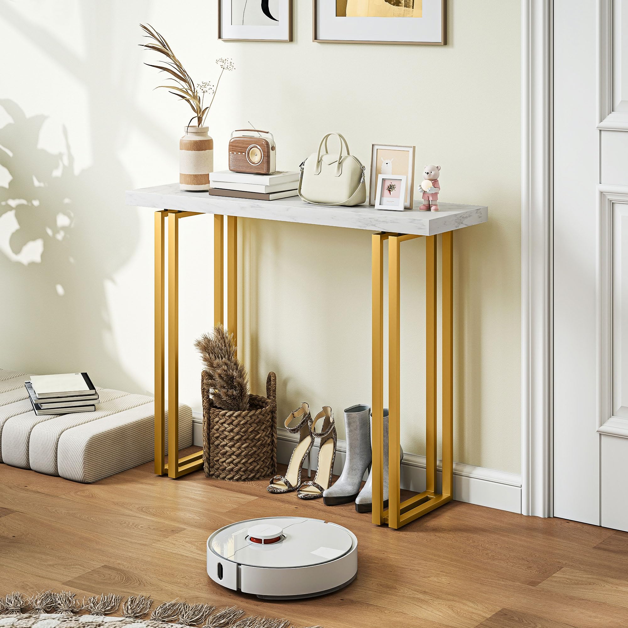 HOMCOM 100cm Tavolo console finto marmo anti-ribaltamento Bianco | Tavolo stretto ingresso, telaio acciaio, moderno tavolo divano lungo sottile, corridoio, soggiorno