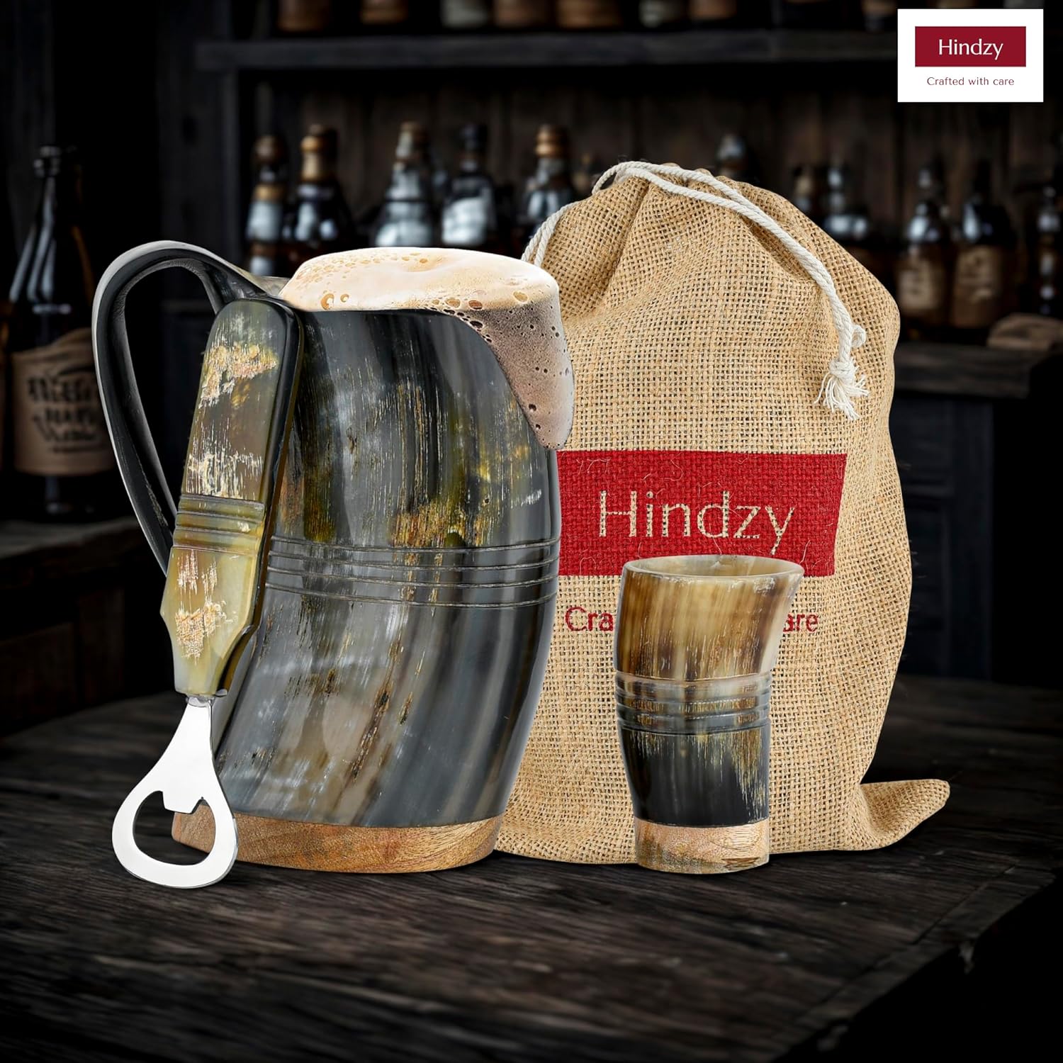 Viking Drinking Horn |16oz | Horn with Authentic Shot Glass & Bottle Opener | Handcrafted Mug| Leak-Proof with Wooden Base | Hot & Cold Drink Safe | Unique Gift for Men & Women