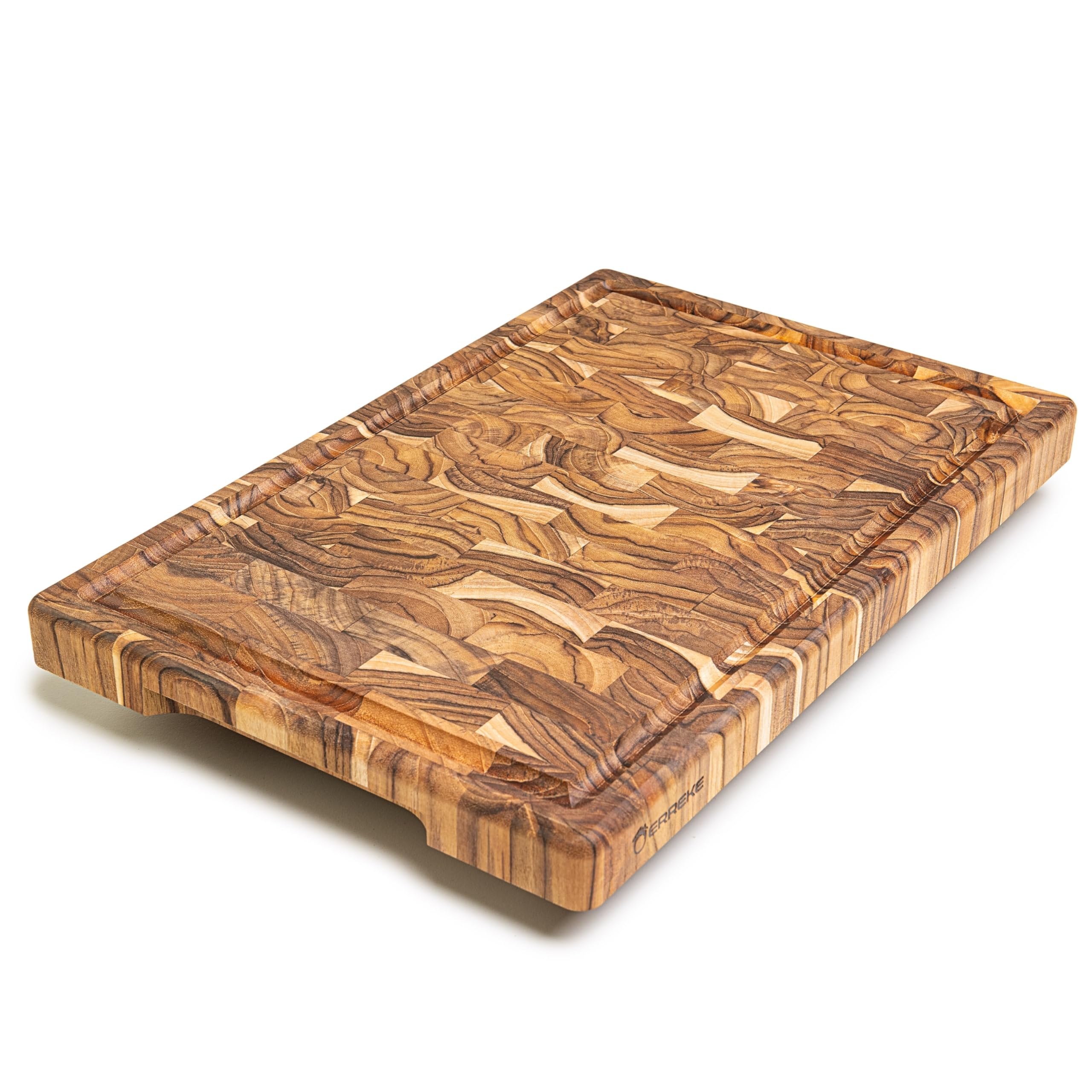 Erreke Tabla de Madera de Teca Natural End Grain, 44x30x3.8 cm, Grande | XL con Ranura para Jugos. Reversible y con Asas. Tabla Madera Cocina. Para Quesos Embutidos Carne Pan. Para Cocina y Mesa