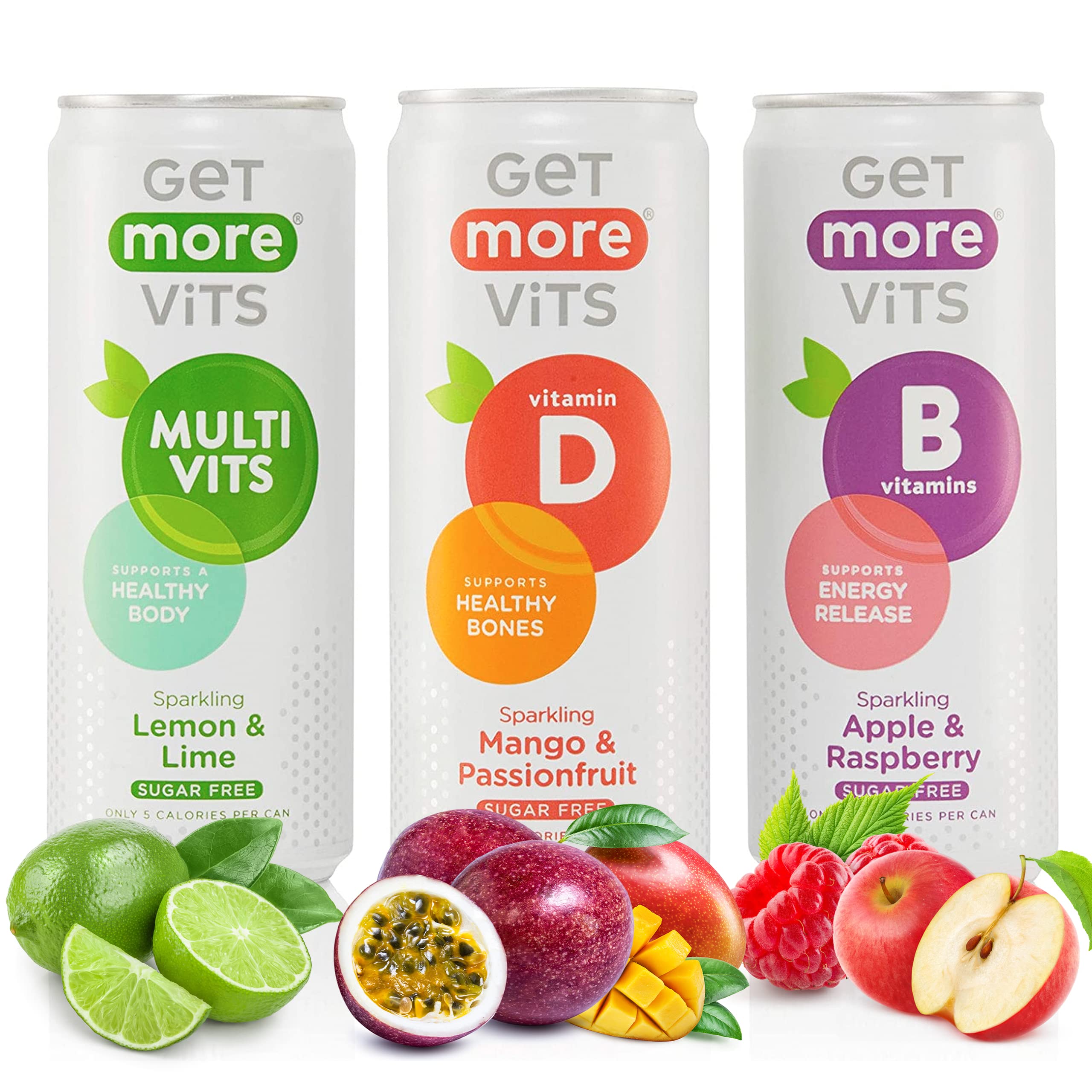 Vits Sparkling Water - Vegetarian, Low Calorie, & Sugar Free Mixed Flavoured Adults & Kids Drinks - Natural Fizzy Drinks with Multivitamins, Vitamin D, & B Vitamins - 330ml Cans, Pack of 12