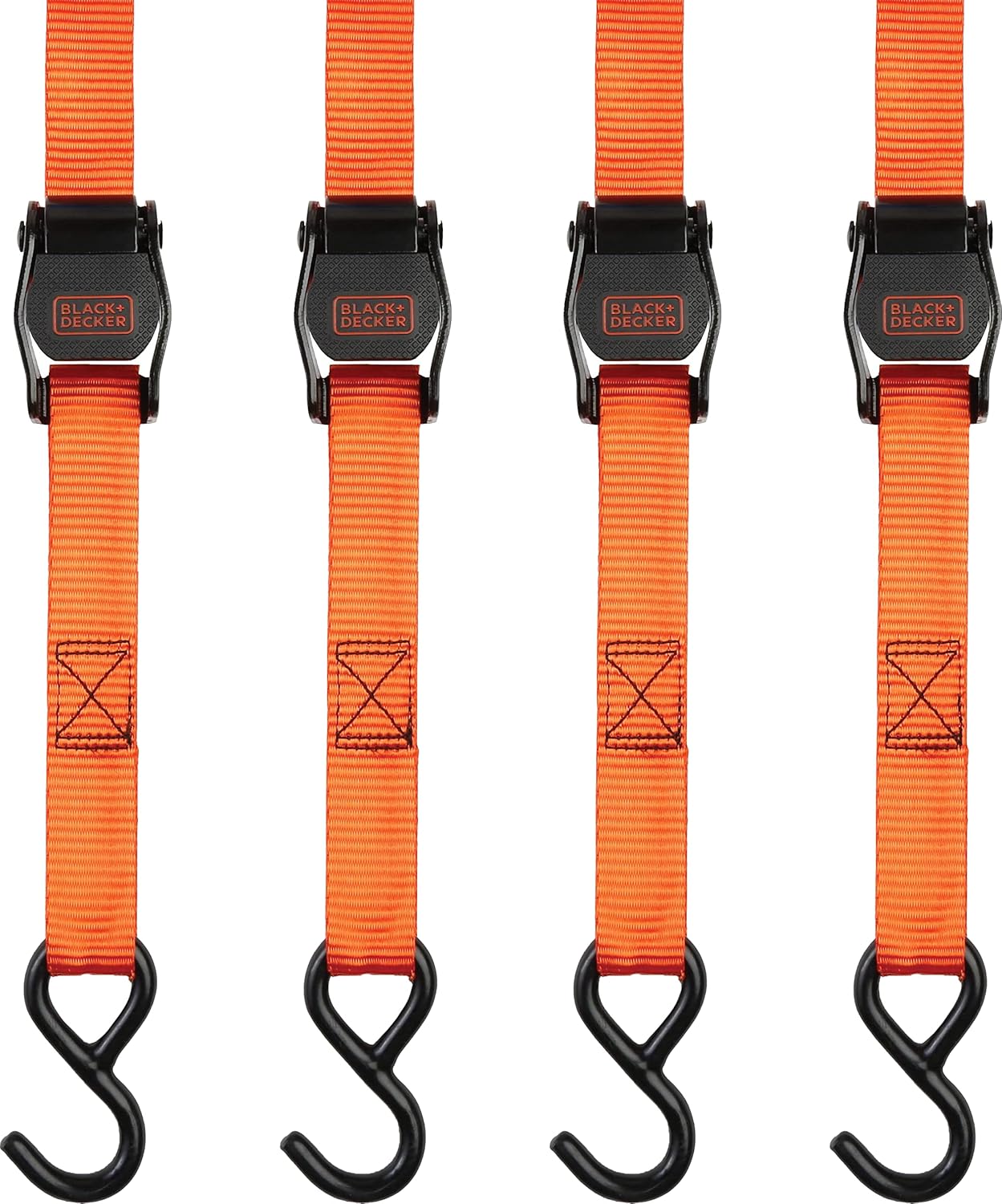 Product image of BLACK+DECKER BDX1004 Black/Orange 1" x 10' Cam-Buckle Tie Down Straps - 300 lb Safe Working Load / 900 lb Break Strength, 4 Pack
