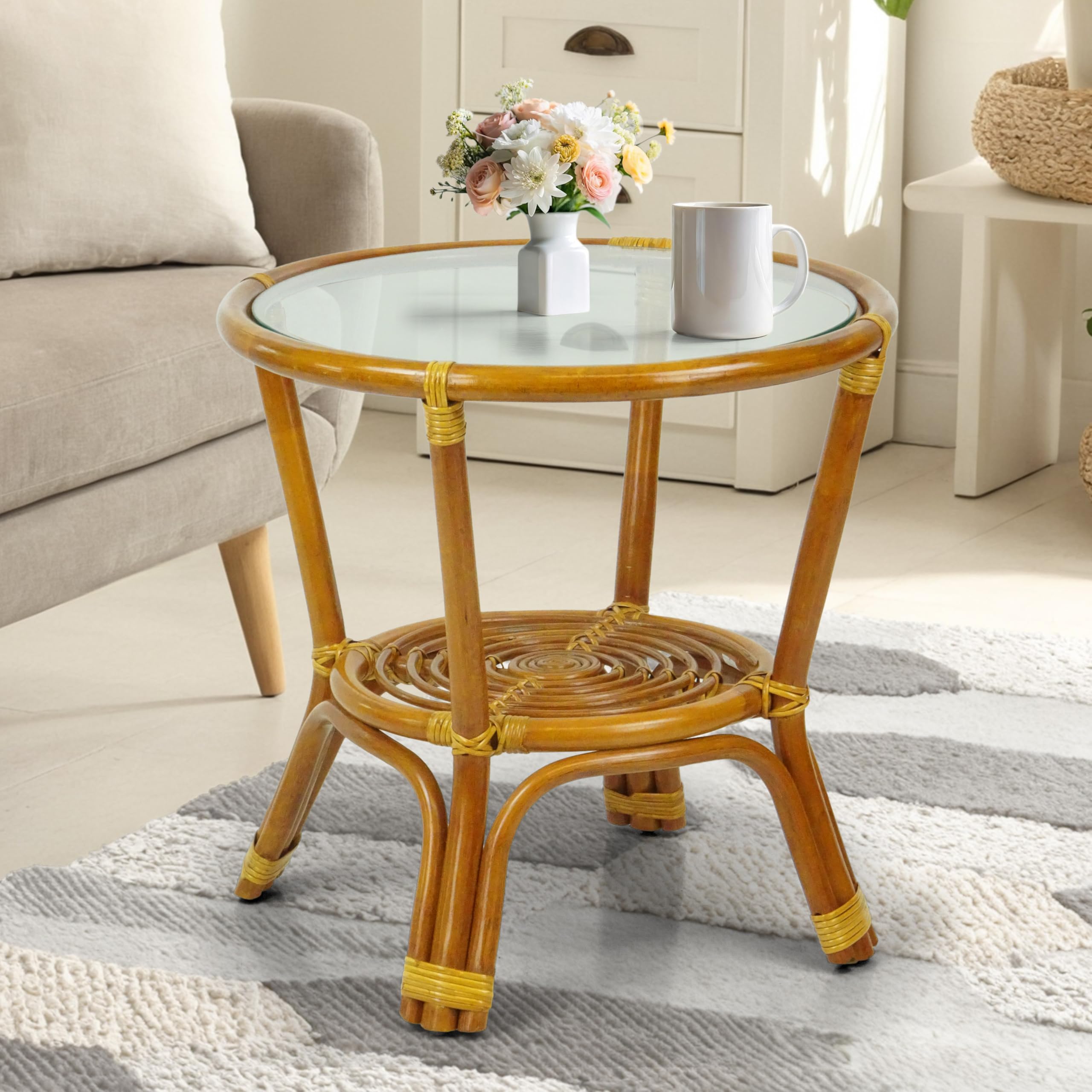 Amazon.com: Leo Rattan Wicker Round Accent Coffee Table with Glass