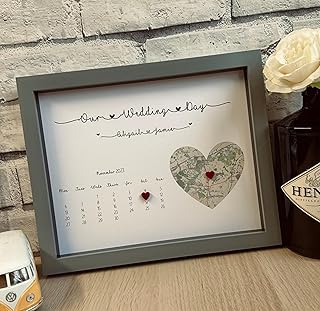 Personalised Wedding Map & Calendar Frame – Custom Heart Map with Weddin...