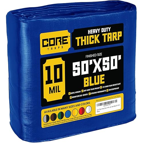 Core Tarps Heavy Duty 10 Mil Tarp Cover, Waterproof, UV Resistant, Rip and Tear Proof, Poly Tarpaulin with Reinforced Edges for Roof, Camping, Patio, Pool, Boat (Blue 50′ X 50′)
