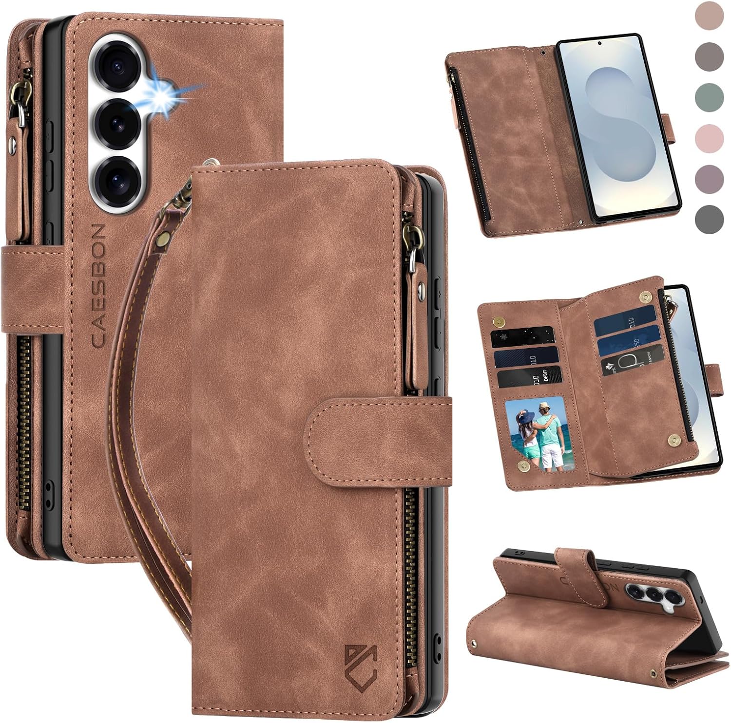 for Samsung Galaxy S25-Plus-Wallet Case: for Galaxy S24 Plus with RFID Blocking Card Slots (6 Cards) | Soft PU Leather Magnetic Snap Zipper Pocket Wrist Strap Protective Phone Cover - Brown