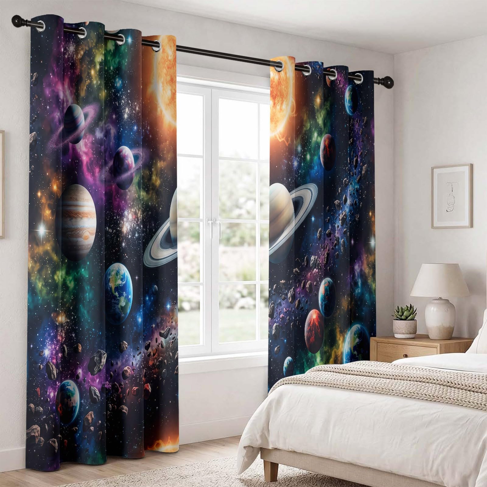 Rideaux Occultant Espace Fantaisie, Rideaux Occultant Planètes Du Système Solaire & Nébuleuse Rideau Thermiques Isolant Anti Froid et Chaleur Rideau à Oeillets pour Salle De Jeu, 2 PCS, 140L X 260H cm