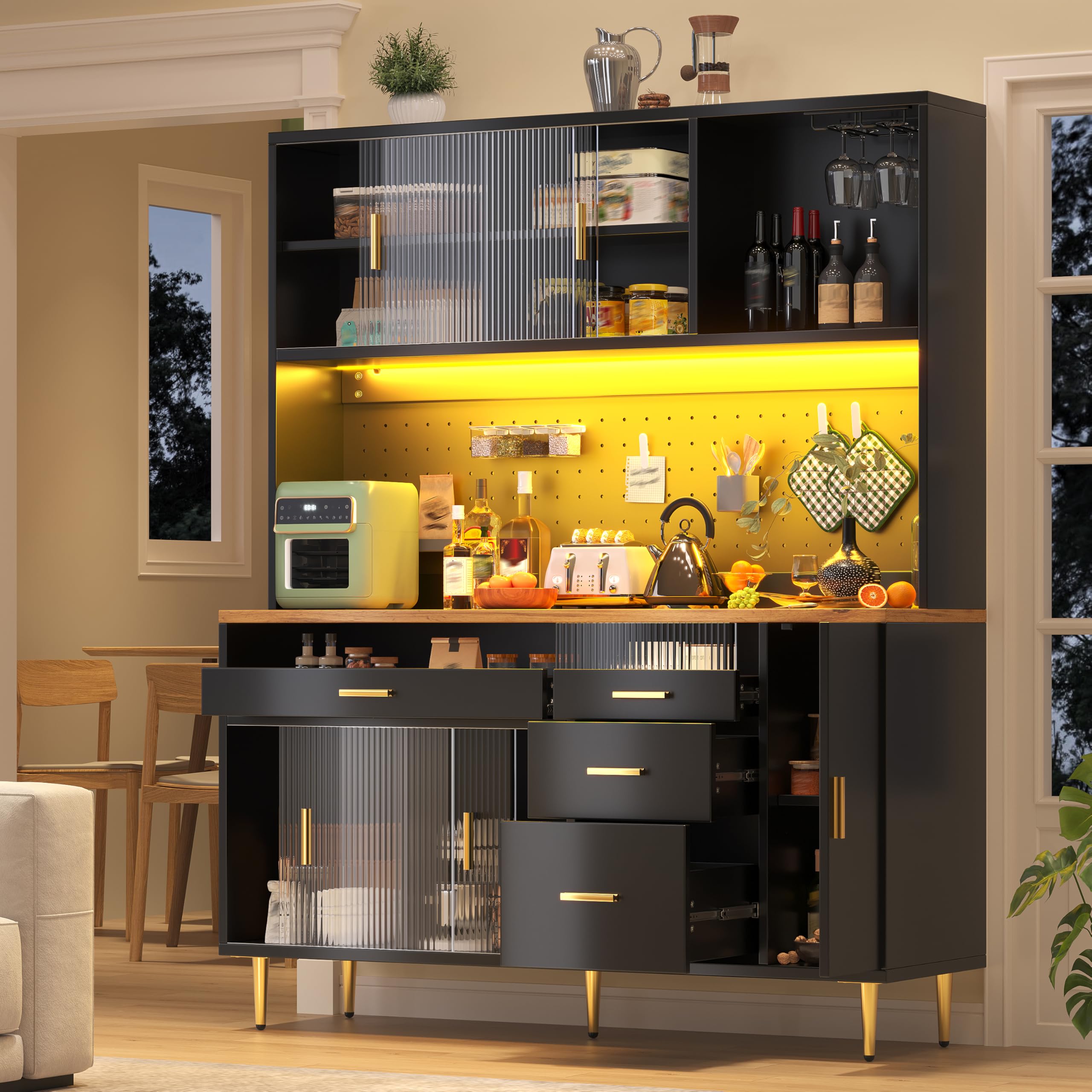 Armadio alto per soggiorno (145 × 39 × 171 cm), armadio da cucina, armadio alto con ripiani a parete forati (nero)