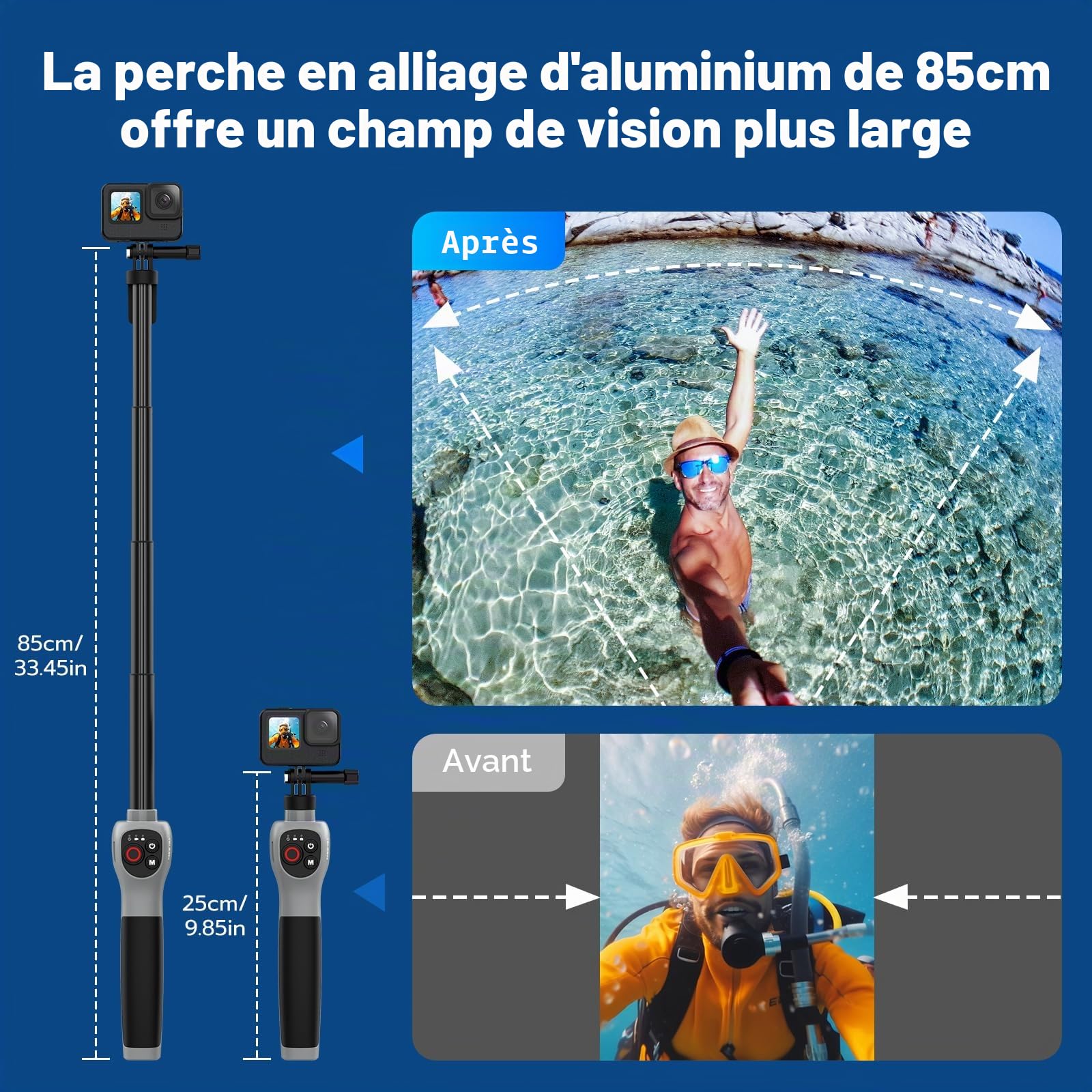 Perche à selfie sous-marine de 33 pouces avec télécommande Bluetooth, étanche et rétractable, pour GoPro Hero 13, 12, 11, 10, 9, convient pour le surf, la plongée avec tuba et la plongée (à