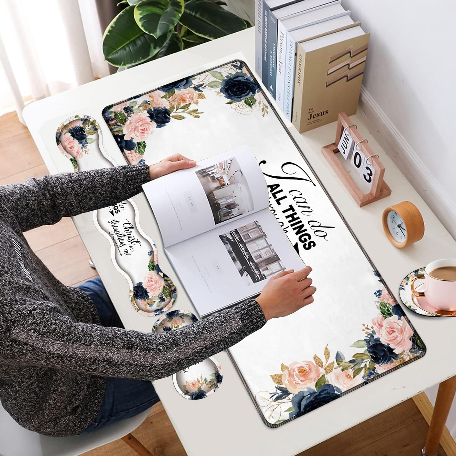 4 in 1 Mouse Pad Combo, Large Gaming Mouse Pad + Keyboard Wrist Support + Mouse Wrist Rest + Coaster, Table Pad with Stitched Edge Memory Foam Ergonomic Wrist Pad Set, Bible Phil 4-13 Floral