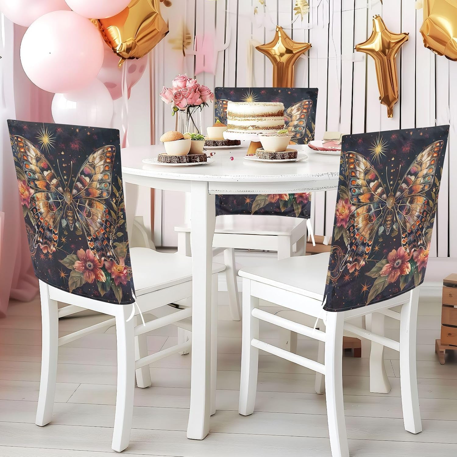 ALAZA Boho Butterfly Flowers Stars Chair Back Cover Set of 6, Washable Reusable Removable Chair Slipcovers Decorative Chair Cover for Home Kitchen Wedding Party