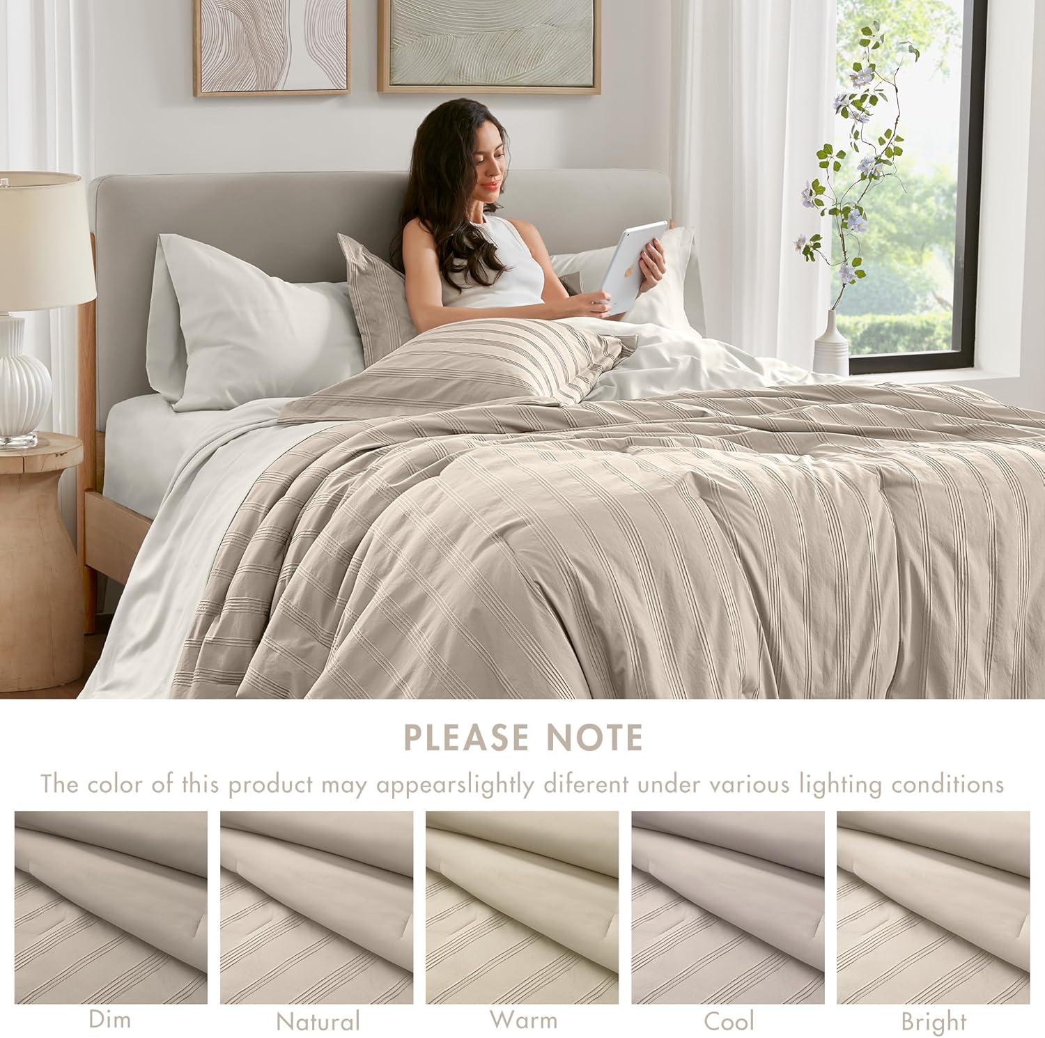 Madison Park Essentials Striped Comforter Set King, 7 Pieces Modern Minimalist Jacquard Bedding Set for All Season, Bed in A Bag with Sheet Set and Soft Brushed Reverse, Lightweight Neutral - Image 8