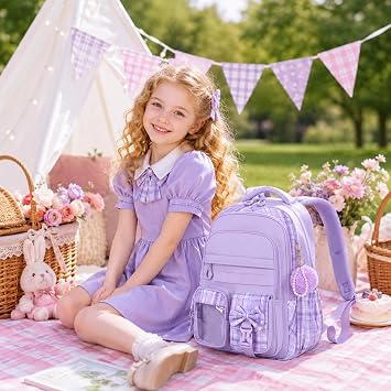 Girls Backpack, Multiple Pockets School Bookbag for Middle School & Elementary School Large Capacity Cute Backpacks for Girls Purple Plaid