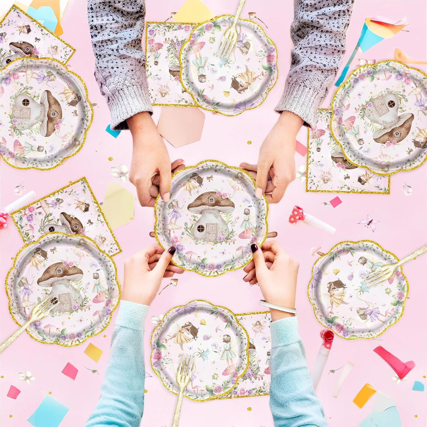 81Pcs Fairy Party Decorations for Girls 1st 2nd Birthday Garden Flower Themed Baby Shower Party Supplies Fairies Enchanted Tableware with Paper Plates Napkins Cups Forks and tablecloth Serve 20 - Image 4