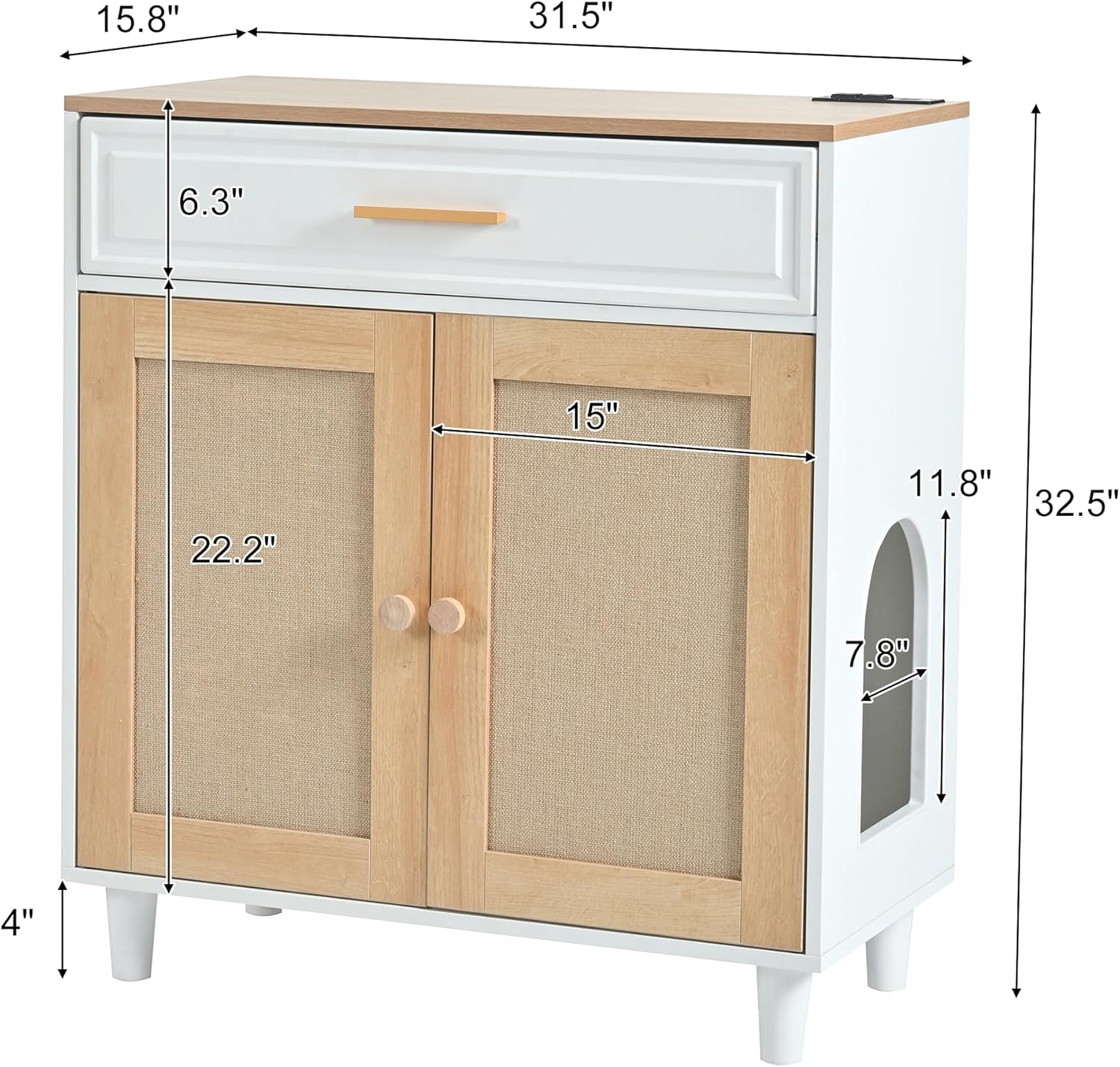 Cat Litter Box Enclosure, Dog Proof Hidden Litter Box Furniture with Charging Station, Cat Washroom Cabinet with Storage Drawer, Large Indoor Pet House with Scrathing Door, Beige White