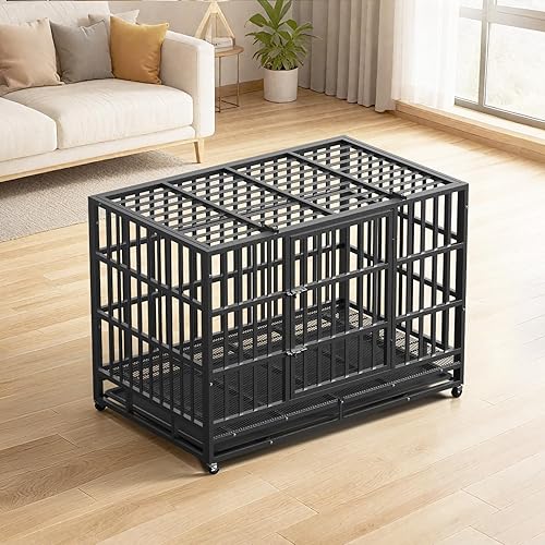Miniatura 6 de Jaula para perros resistente de 48 pulgadas, de acero indestructible, a prueba de escapes, jaula de doble puerta interior con ruedas, bandeja