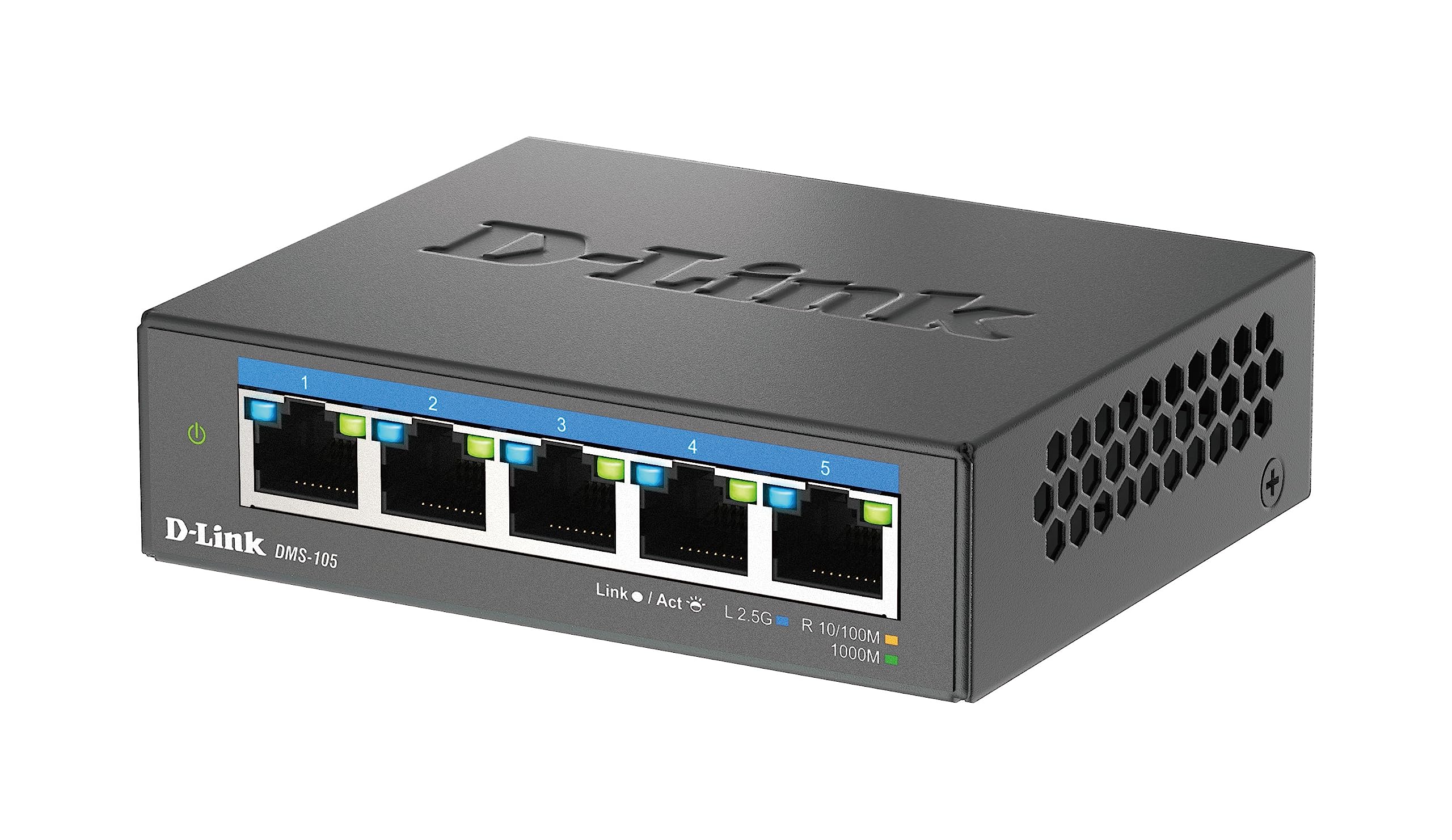 D-Link DMS-105, Switch Multigigabit, sin gestión, sobremesa, 5 Puertos 2.5 Gigabit (2.500 Mbps), Ideal para Enlace a NAS o servidores, metálico, Plug and Play, IGMP Snooping | 5 puertos de 2,5 G, sin ventilador, carcasa metálica, QoS, Plug and Play