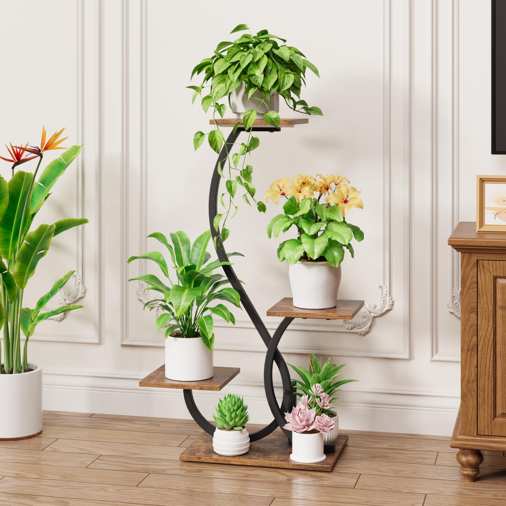 BACEKOLL Supporto per piante da interno con luci di crescita, mensola per piante a forma di S, supporto per piante ad angolo illuminato per coltivazione indoor, supporto per fiori in metallo da 81,3
