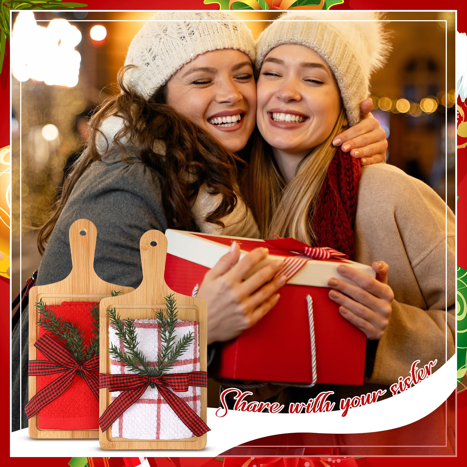 Suclain Käsebrett-Geschenk-Set für Damen, Weihnachtsgeschenk, Bambus-Käsebrett mit Geschenktüten, Waffelmuster, kariertes Band, Weihnachtsgeschenke für Festival, Brautparty, 4-teiliges Set, 21-teilig
