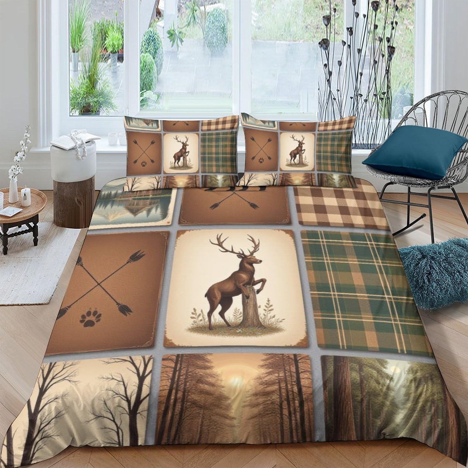 Ctjqhvkz Style-6 3D Printed Forest Deer Fitted Sheet Microfiber Plaid Arrow Mattress Cover Non-Slip Bedroom Decor Machine Washable Single（135X200cm）