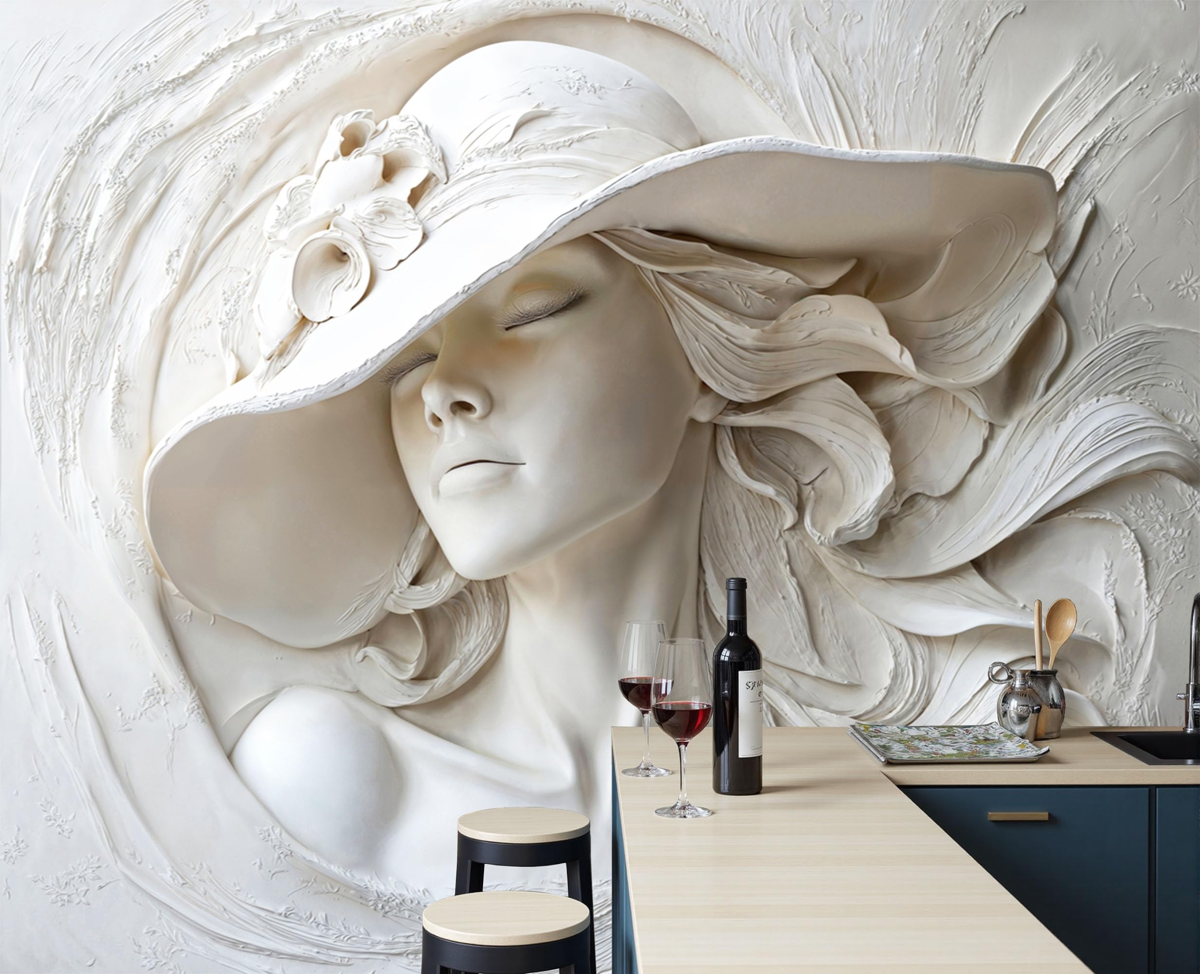 3D Carta Da Parati Panoramica Una Donna Elegante Con Il Cappello, 300x210cm Carta Da Parati in Seta Arte Del Rilievo Classica, Decor Murali per Camera, Soggiorno, Poster Xxl Da Parete Grande Affiche