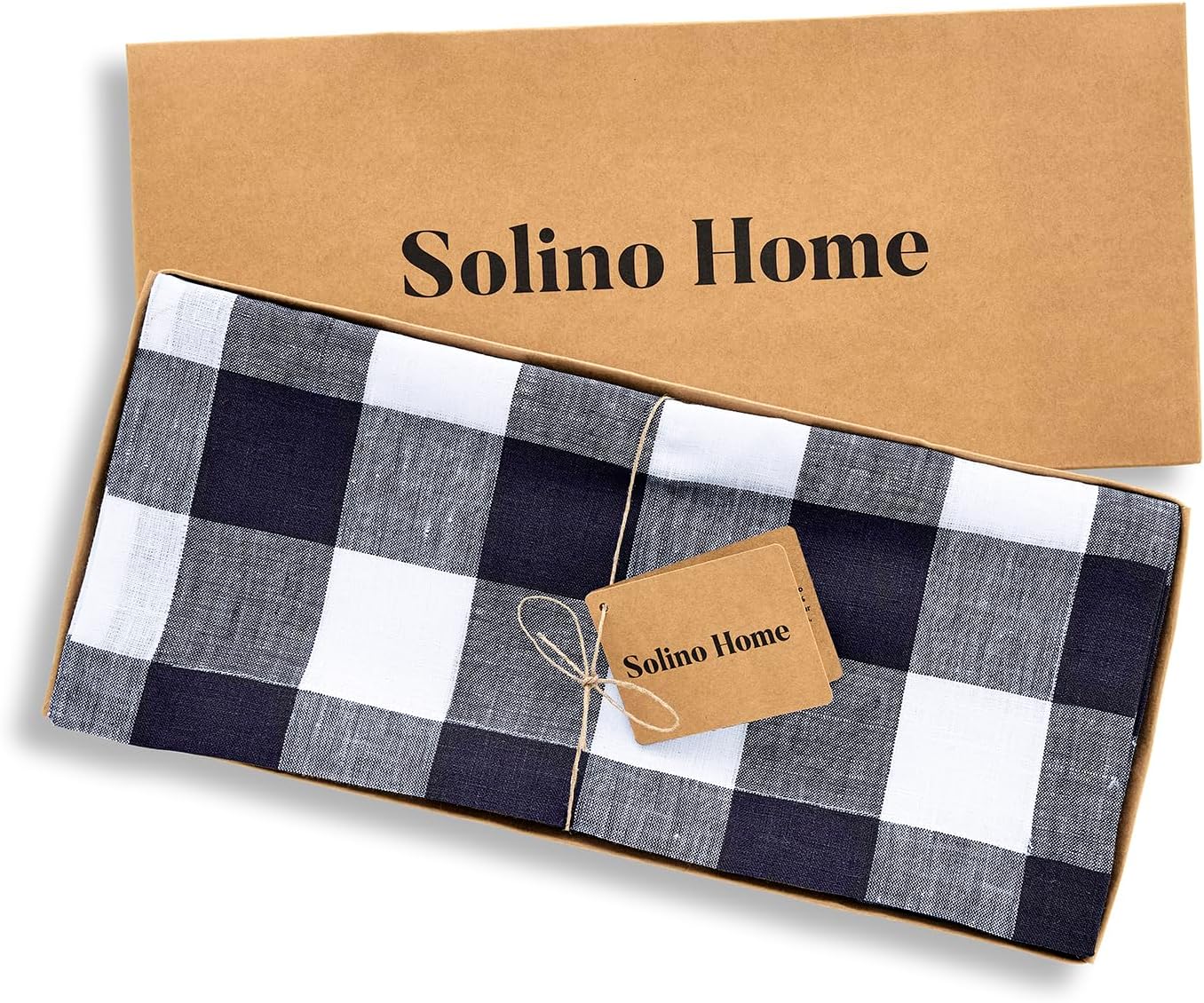 Solino Home Linen Checkered Table Runner 120 Inches Long - 100% Pure Linen Buffalo Check Navy and White Table Runner 14 x 120 Inch Ideal for Dining, Mothers Day, Memorial Day