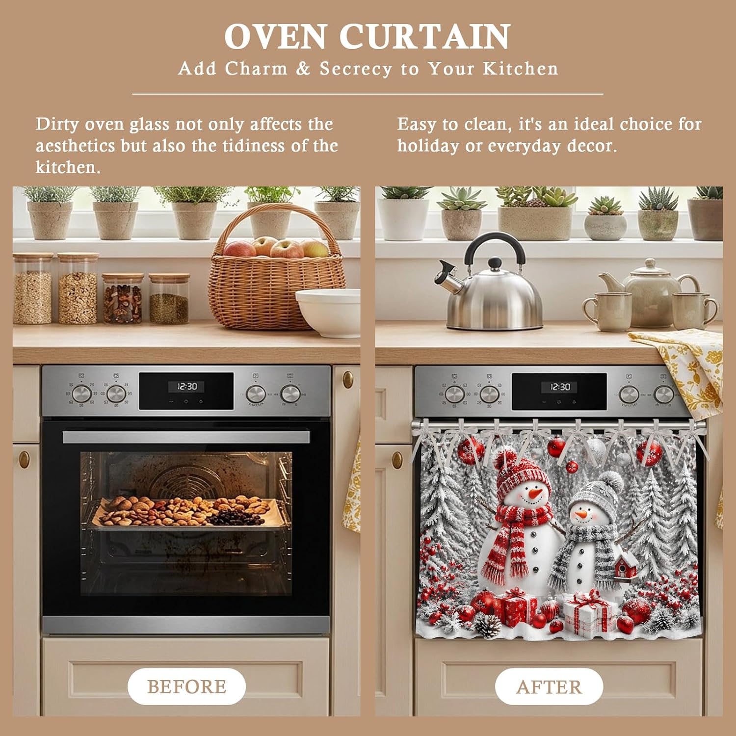 Snowman Christmas Oven Curtain with Tie Top, Gray Pine Tree Red Gift Box Snow Land Snowflakes Oven Skirt Curtains with Tie Top Cabinet Cover Curtain for Small Kitchen Apartment Decor 27 x 20 Inches image 5