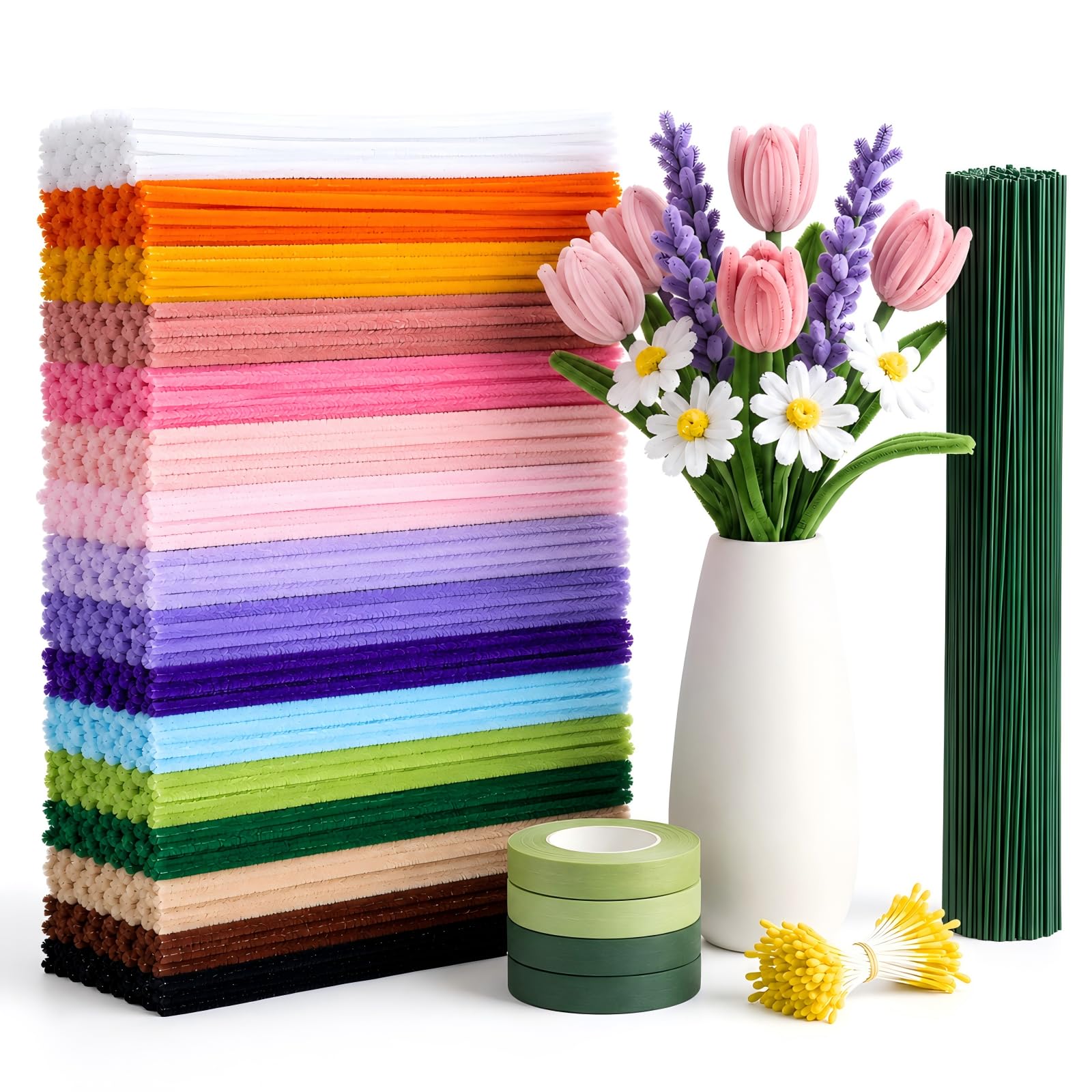 800 Stück Pfeifenreiniger Blumen set, Pfeifenputzer zum Basteln 16 Farben | 50 Blumendraht & Geschenkband für Kreative DIY Blumensträuße für Sonnenblume, Tulpen & Bouquet Bastelzubehör Deko