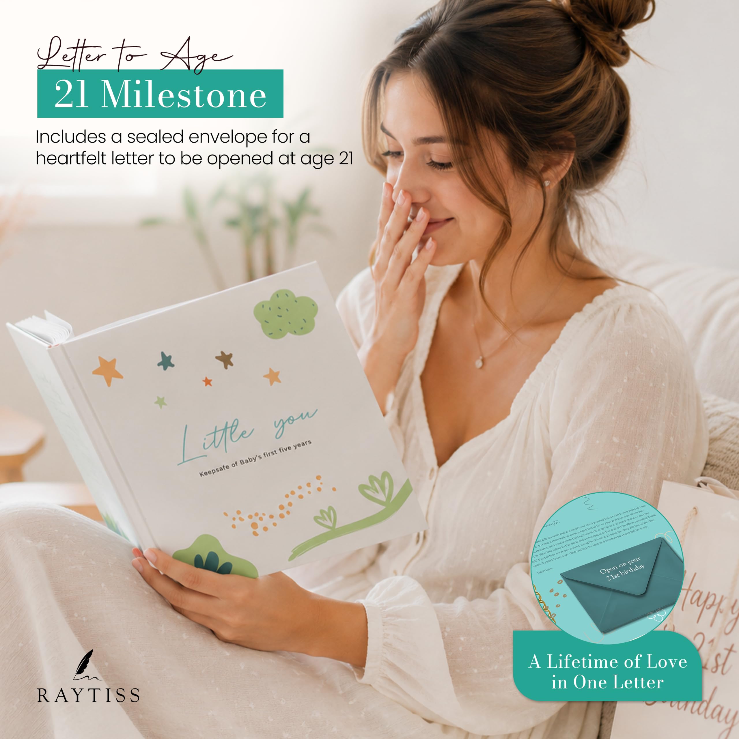 Babybücher Andenken - Schwangerschaftstagebuch und Erinnerungsbuch Scrapbook Album Neugeborene bis 5 Jahre - Fotobuch Taschen, Geschenkbox & Brief zum Öffnen bei 21 - Baby Geschenk für Jungen