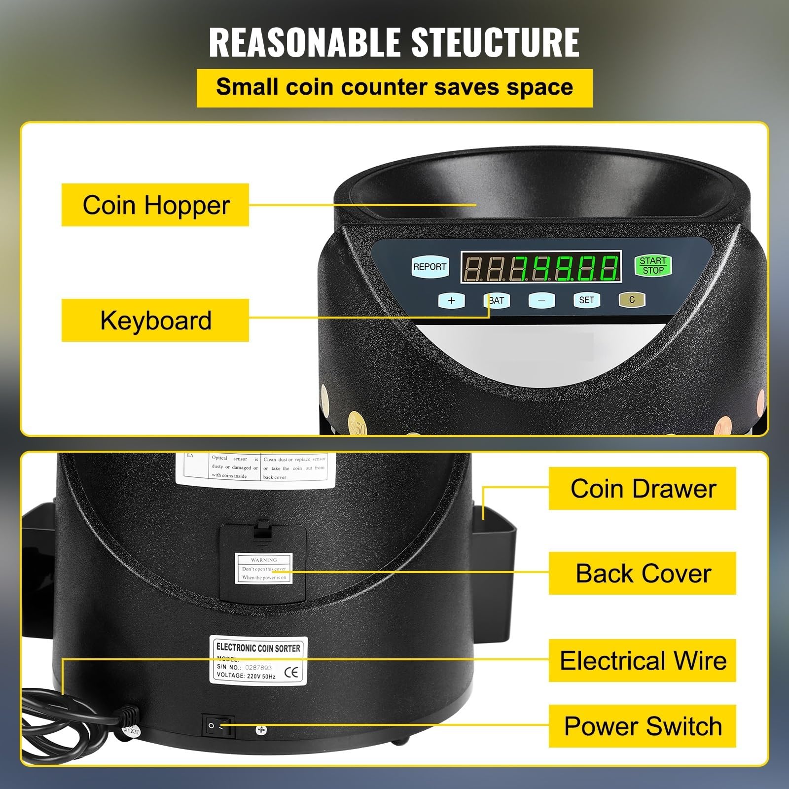 Contatore automatico for monete in euro da 300 monete/min, professionale, elettrico, con display a LED, for negozi scolastici, banche e attività commerciali Adatto a Numerosi Settori