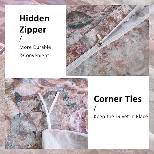 Miniatura 8 de Juego de funda de edredón 100 % algodón, tamaño King, diseño floral vintage con cierre de cremallera y lazos en las esquinas, juego de cama de lujo